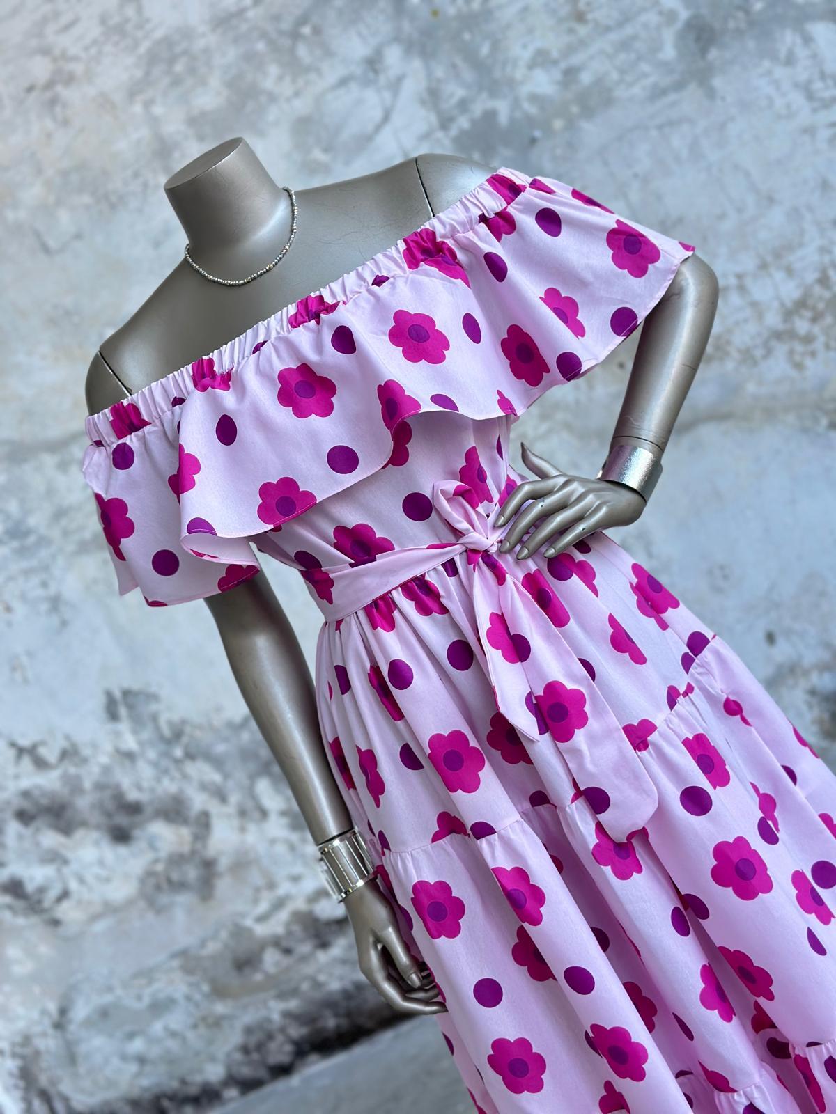 Madonna Yaka Poplin Kumaş Papatya Desenli Elbise (Pembe)