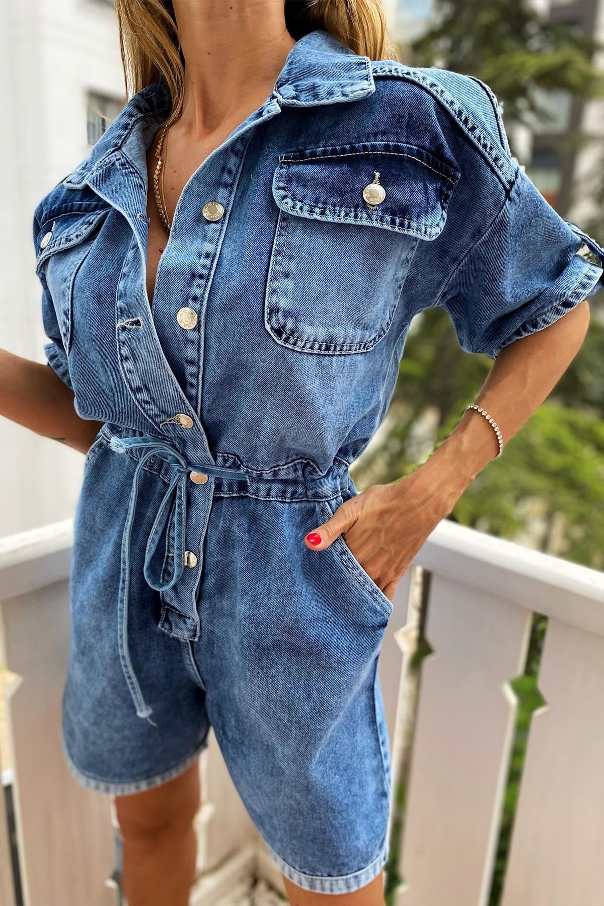 Mavi Çift Cep Ve Bel Lastik Detaylı Denim Kısa Pross Tulum