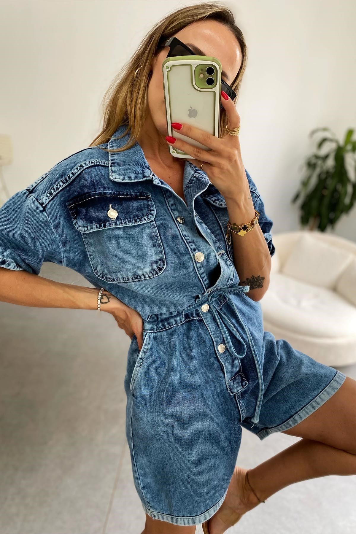 Mavi Çift Cep Ve Bel Lastik Detaylı Denim Kısa Pross Tulum