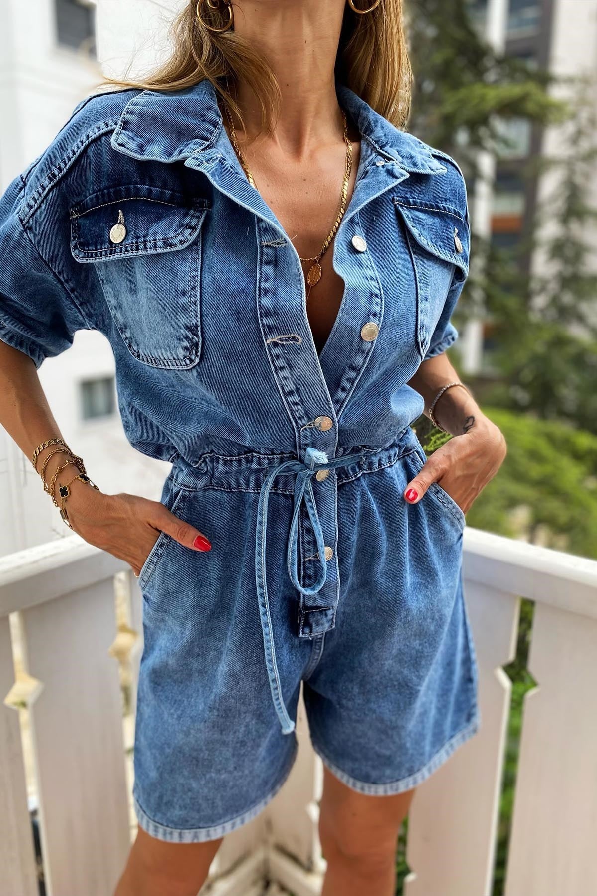 Mavi Çift Cep Ve Bel Lastik Detaylı Denim Kısa Pross Tulum