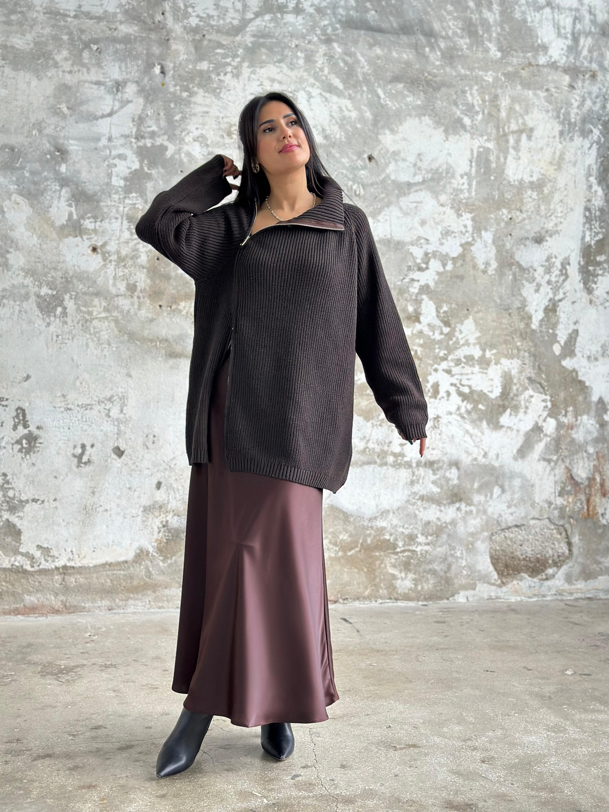 Maxi Boy Saten Etek (Kahve)