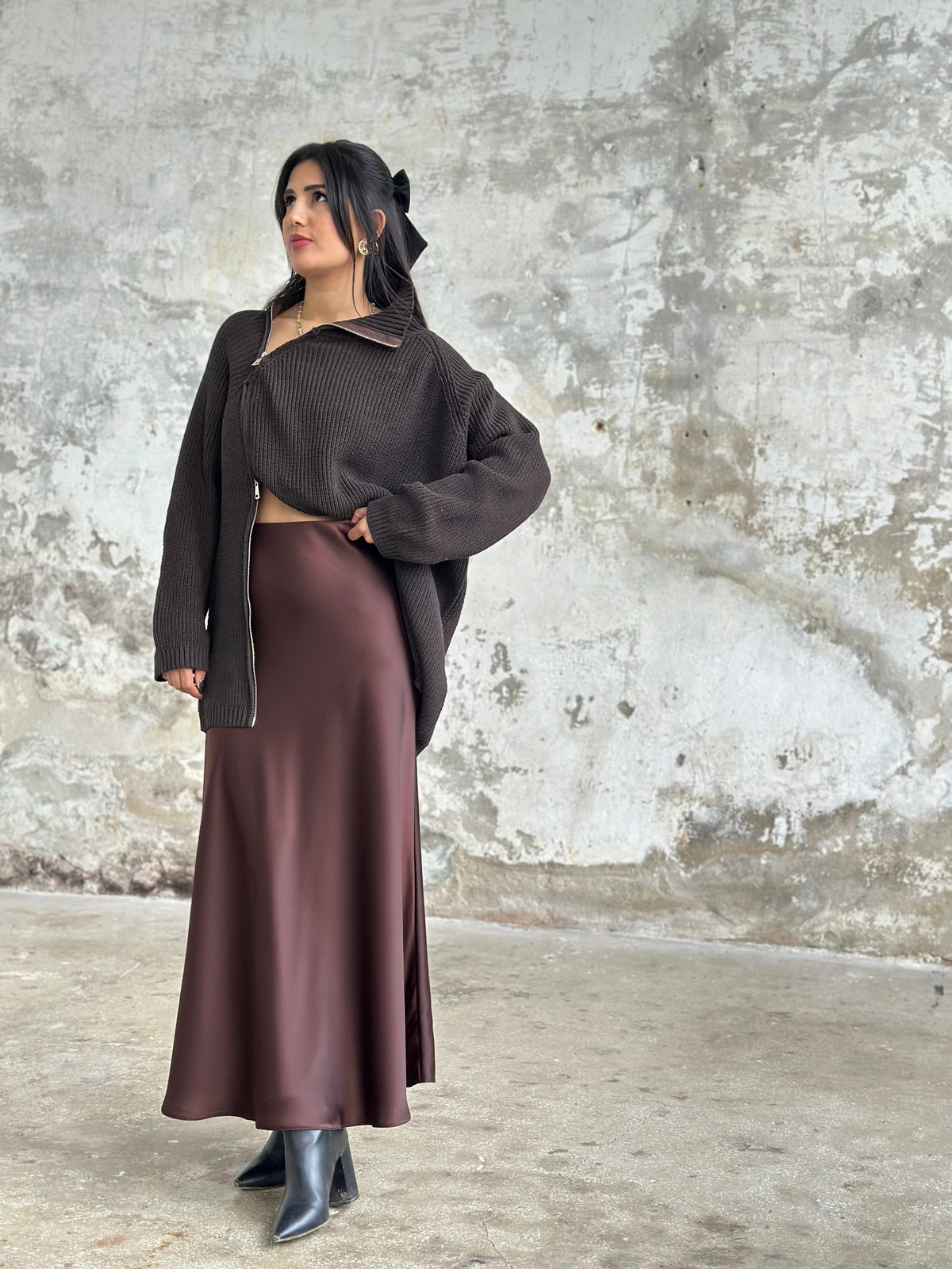 Maxi Boy Saten Etek (Kahve)