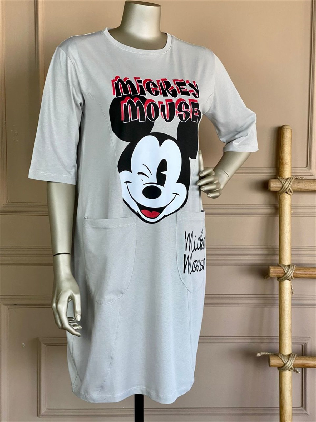 Mickey Baskılı Tunik Elbise (gri)
