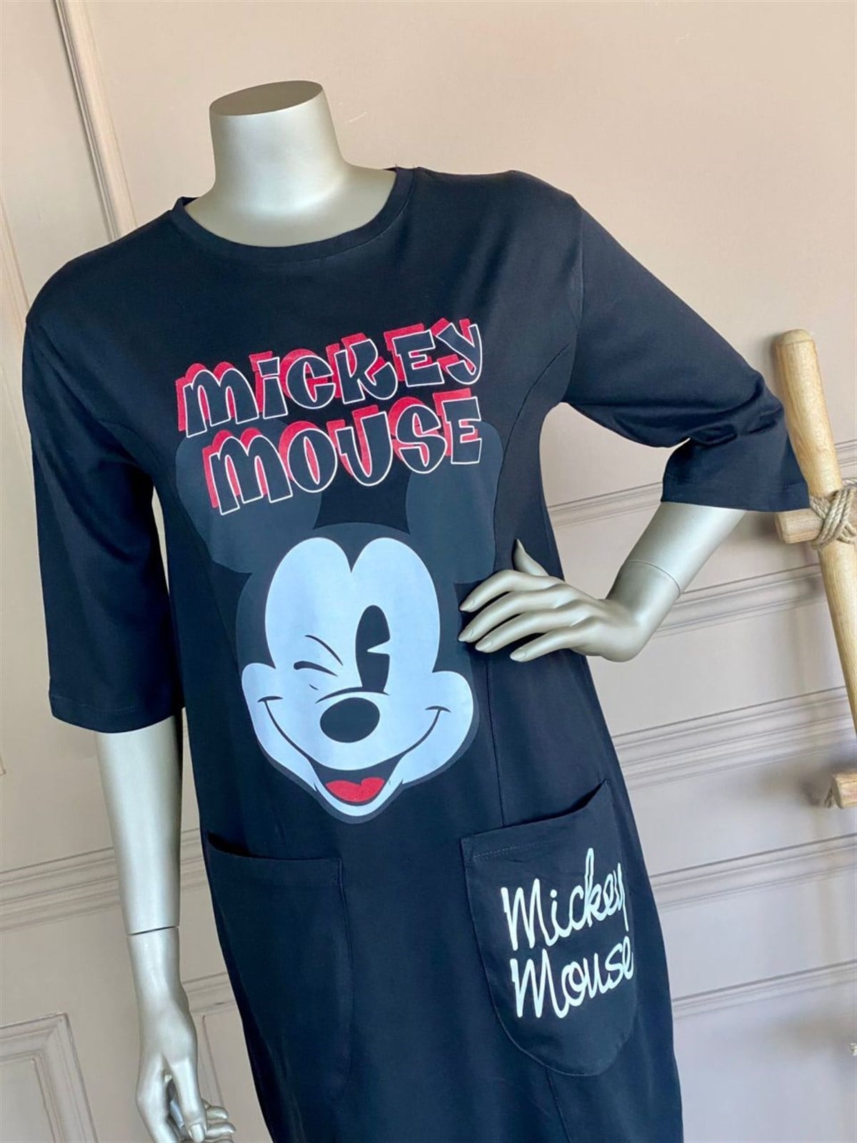 Mickey Baskılı Tunik Elbise (Siyah)