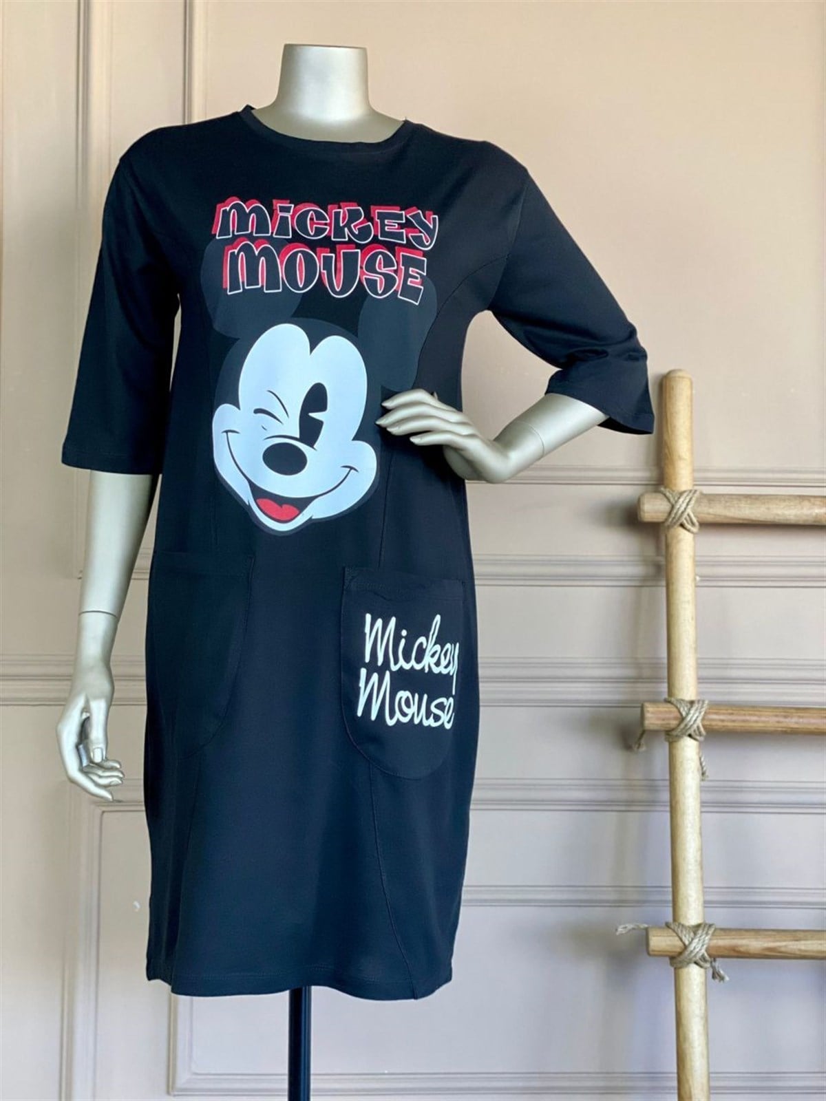Mickey Baskılı Tunik Elbise (Siyah)