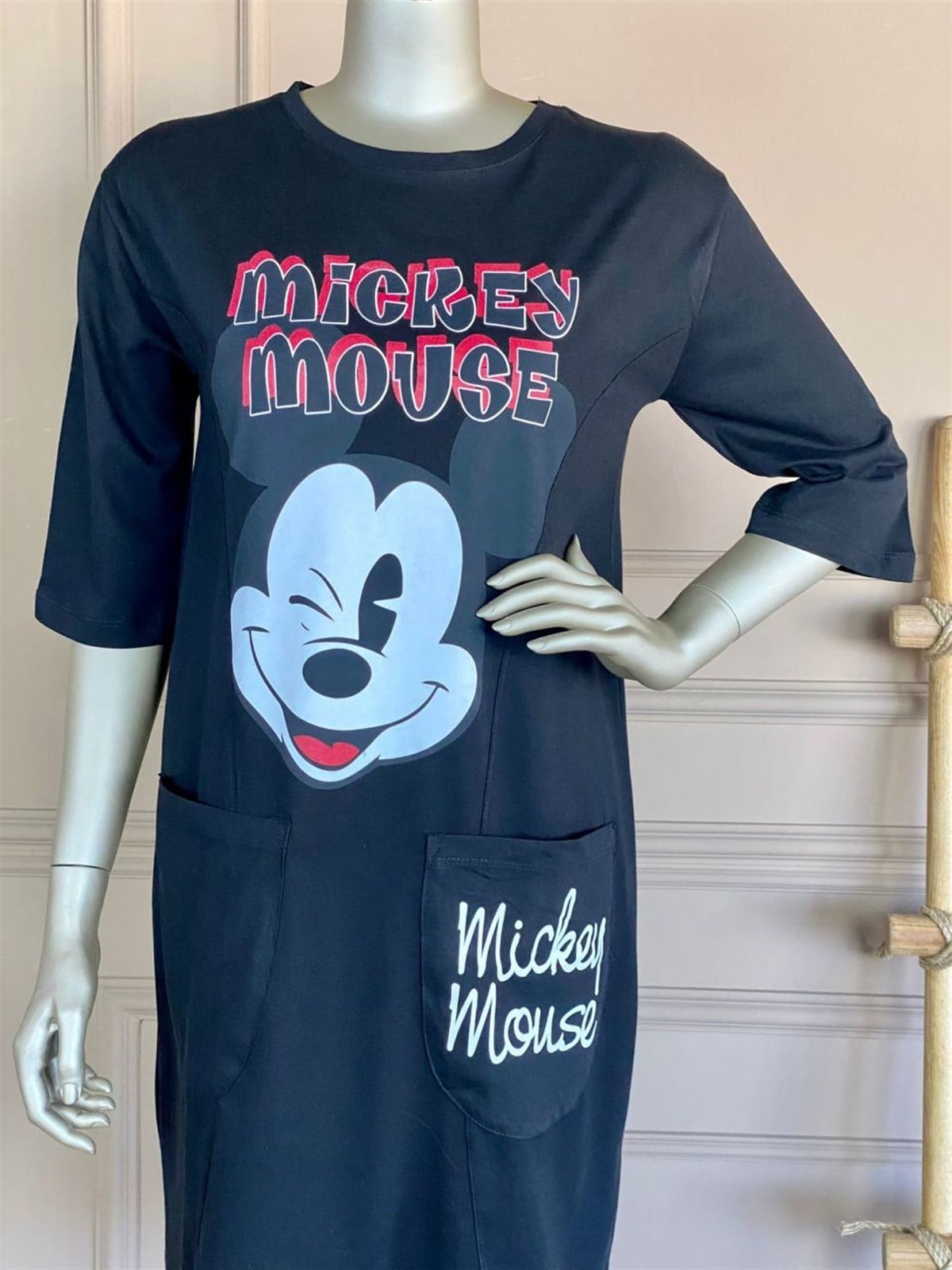 Mickey Baskılı Tunik Elbise (Siyah)