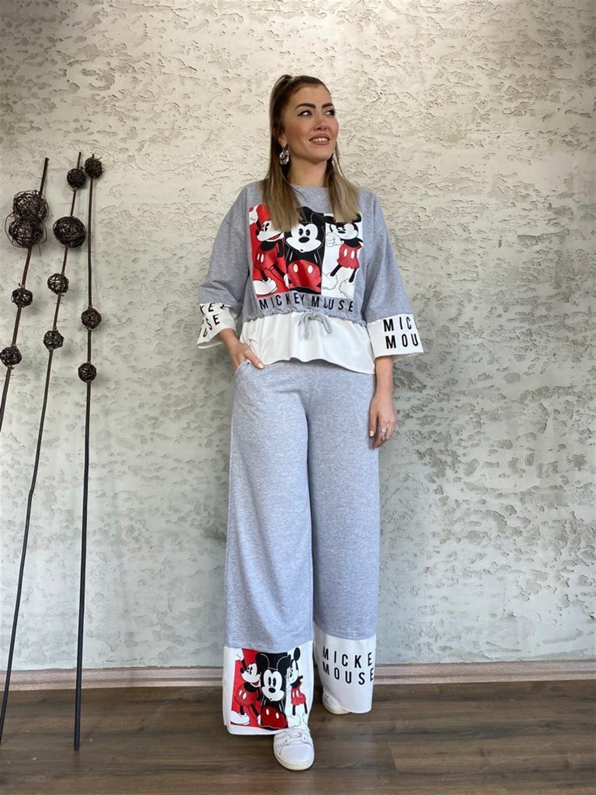 Mickey Mouse Bel Büzgülü Takım (Gri)