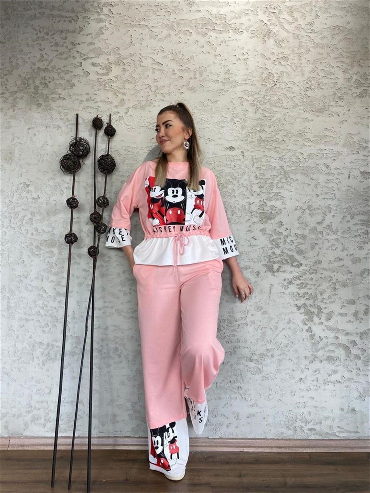 Mickey Mouse Bel Büzgülü Takım (Pembe)