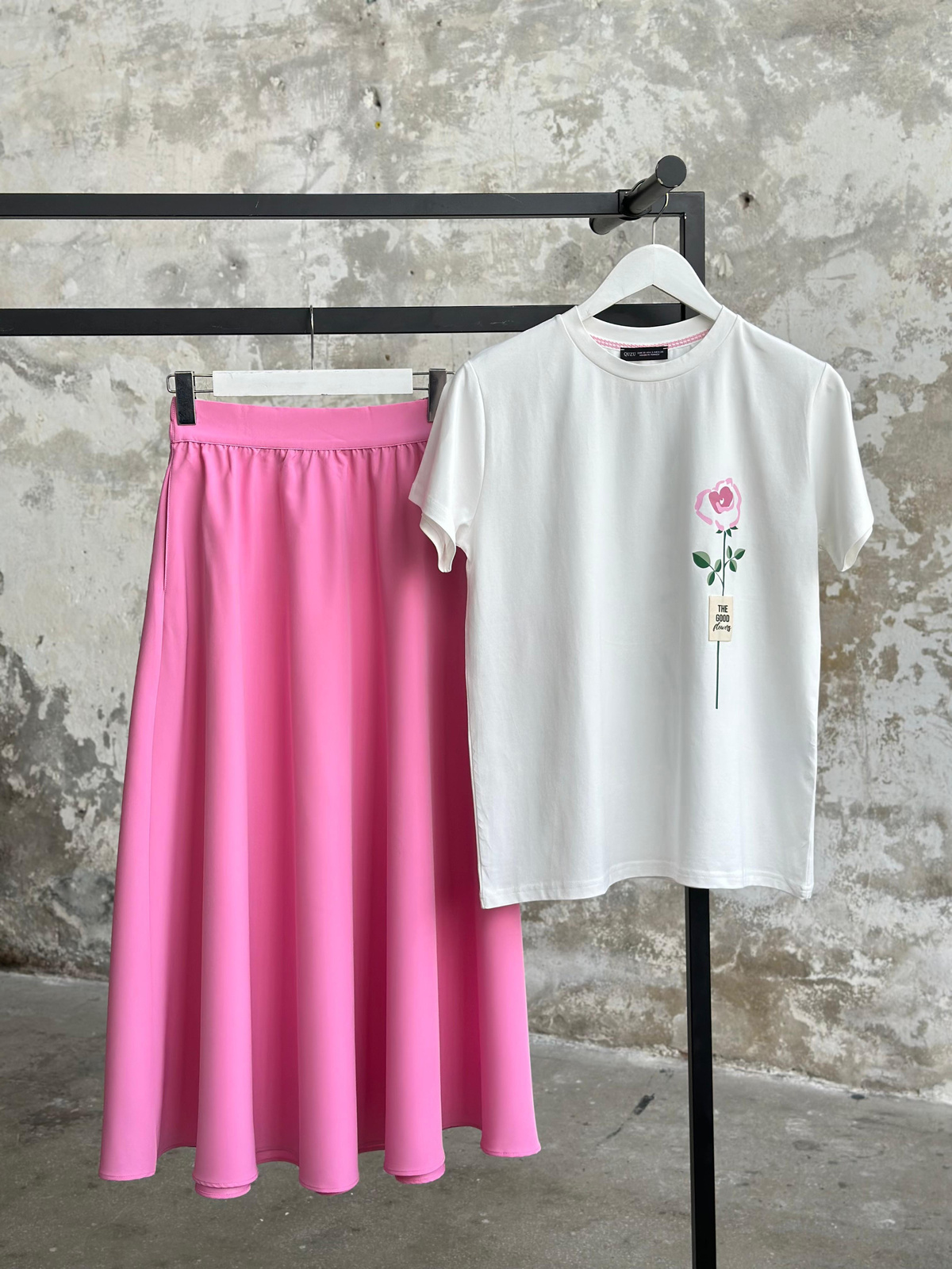 Midi Boy Lastik Belli Etek (Pembe)