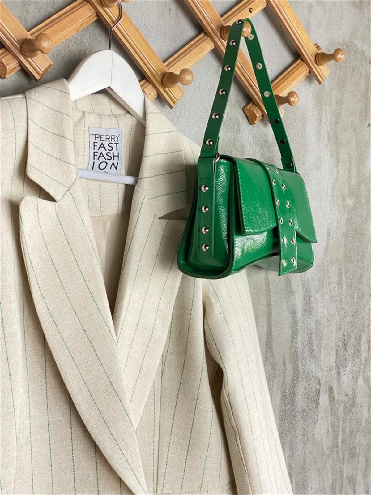 Mint Çizgili Oversize Gold Düğmeli Ceket (Taş)
