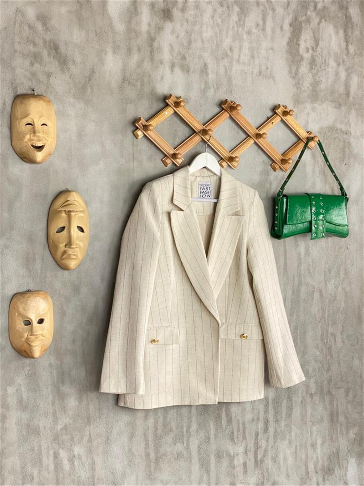 Mint Çizgili Oversize Gold Düğmeli Ceket (Taş)