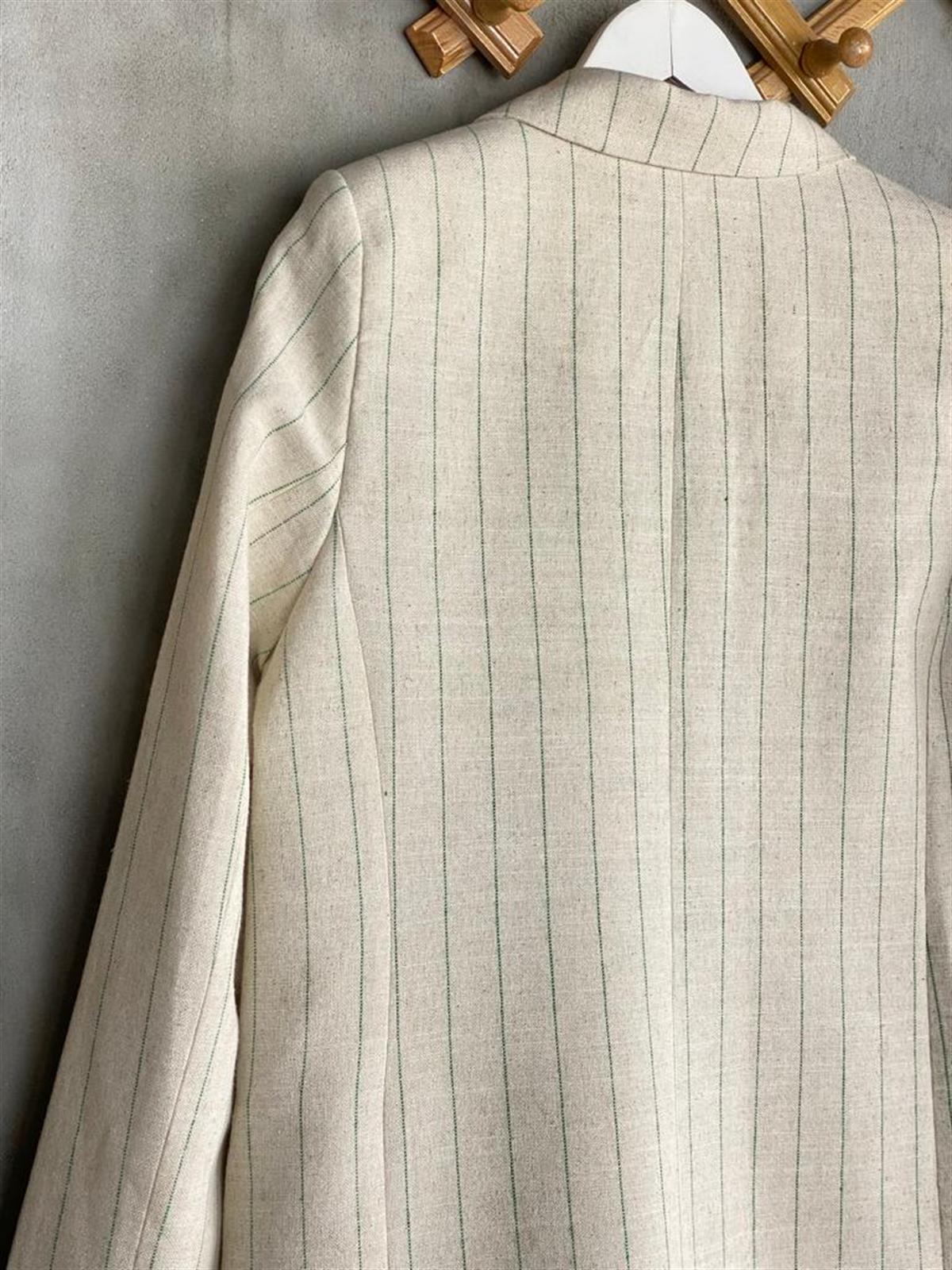 Mint Çizgili Oversize Gold Düğmeli Ceket (Taş)