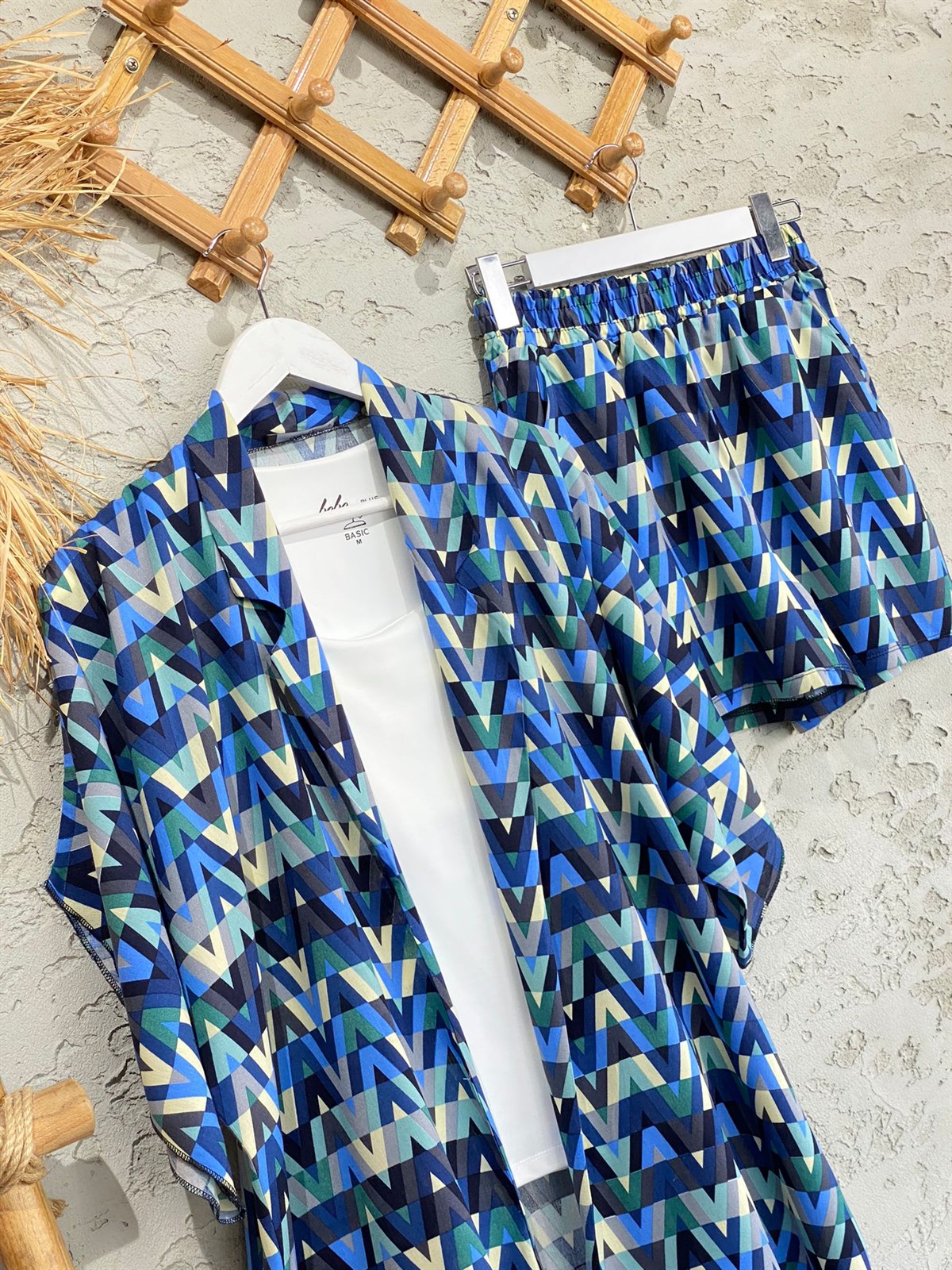 Motif Desenli Kimono Şort Takım (Lacivert)