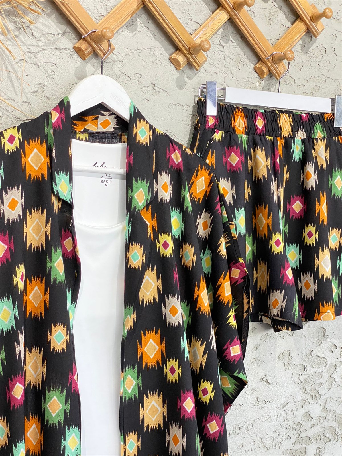 Motif Desenli Kimono Şort Takım (Siyah)