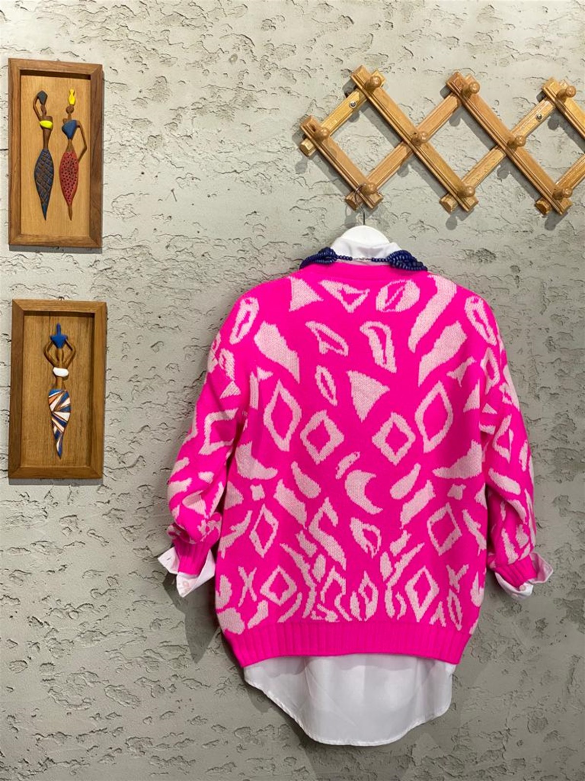 Motif Desenli Örgü Çelik Hırka (Fuşya)