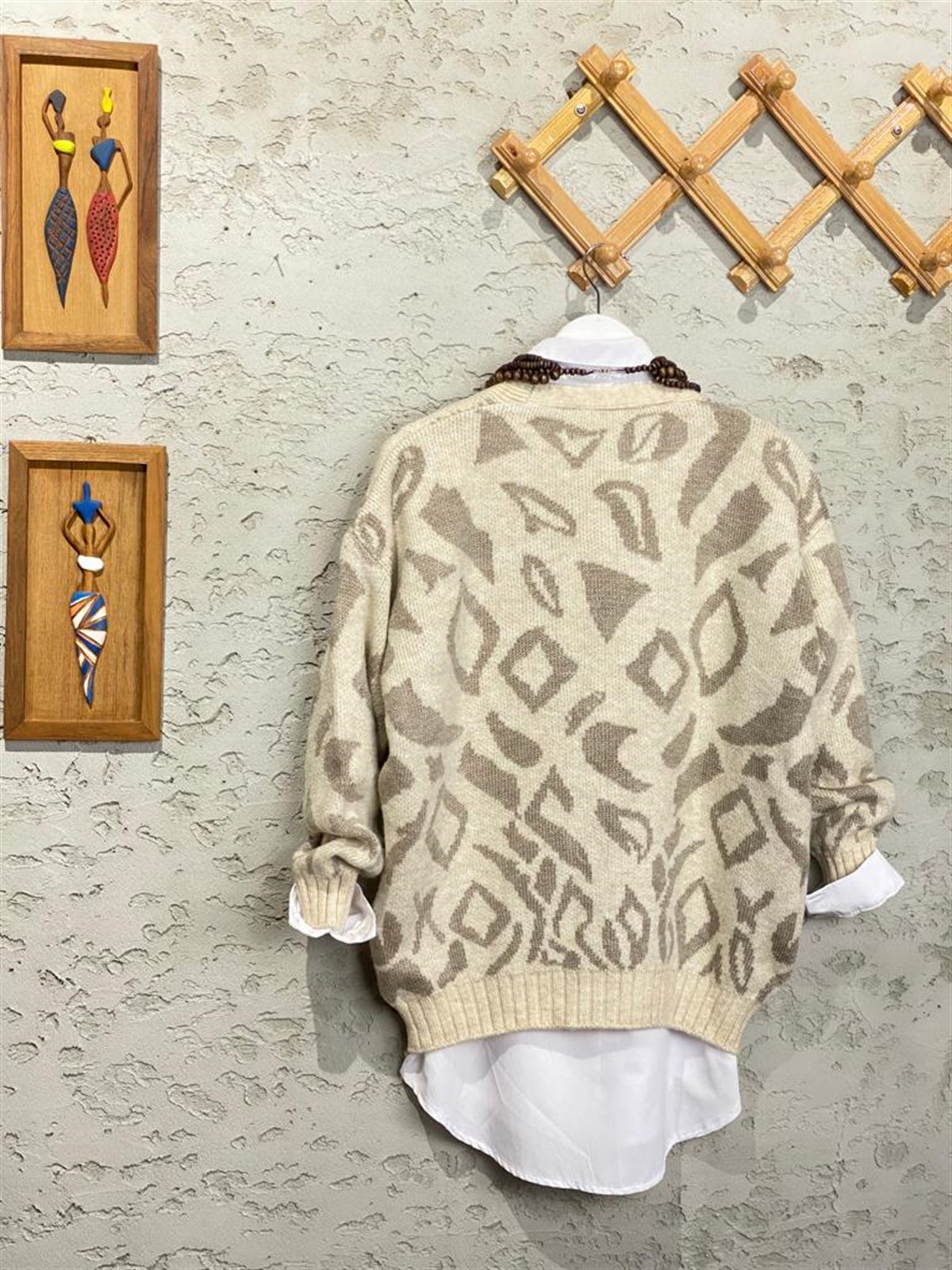Motif Desenli Örgü Çelik Hırka (Taş)