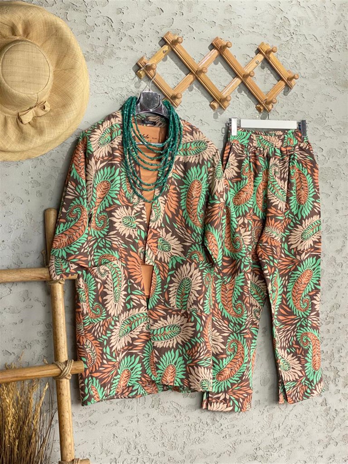 Multi Desenli Keten Kimono Alt Üst Takım (Yeşil)