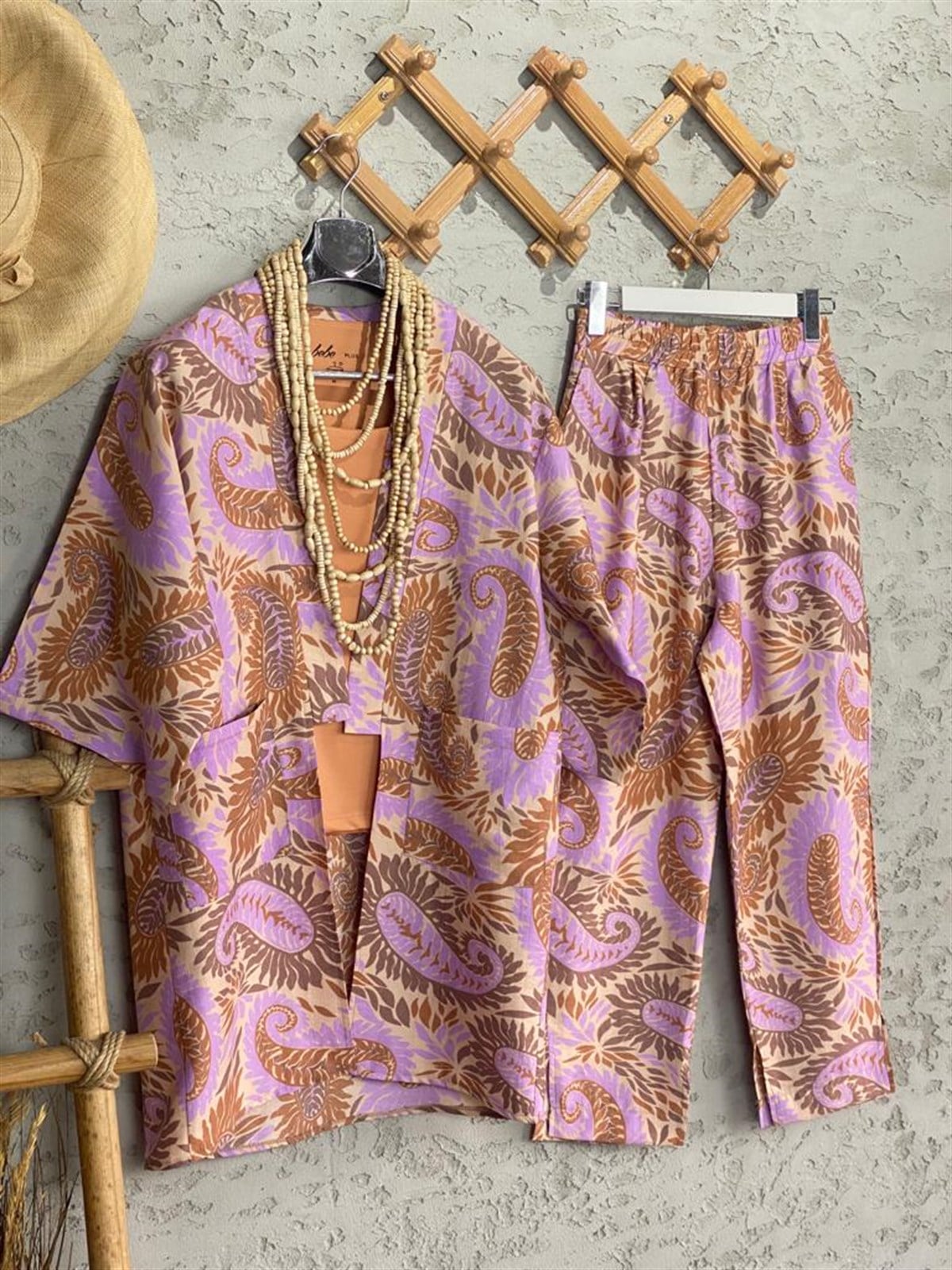 Multi Desenli Keten Kimono Alt Üst Takım (Mor)