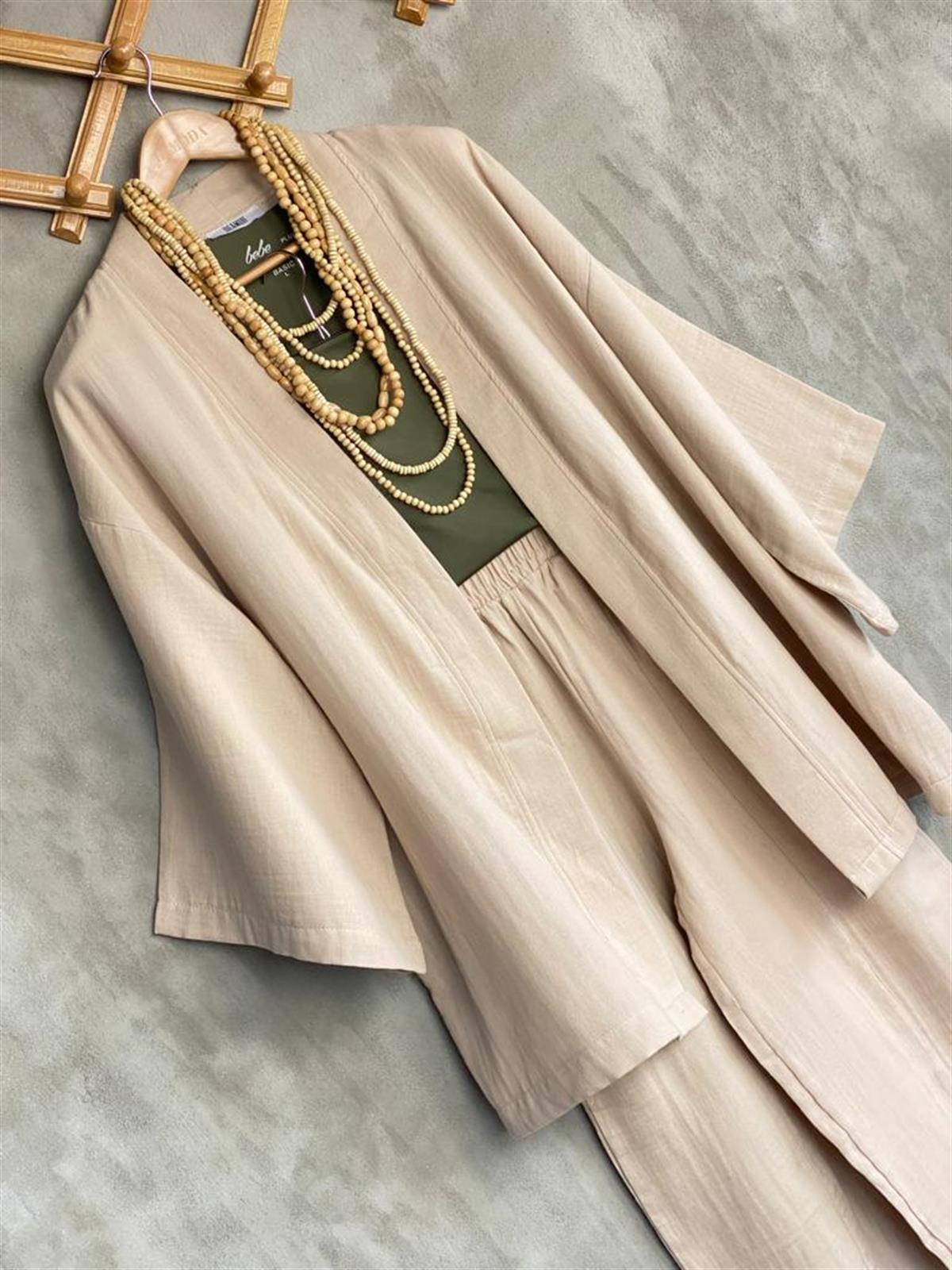 Müslin Kumaş Şalvar Pantolon Kimono Takım (Taş)
