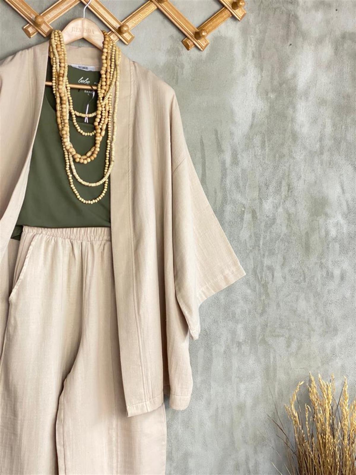 Müslin Kumaş Şalvar Pantolon Kimono Takım (Taş)