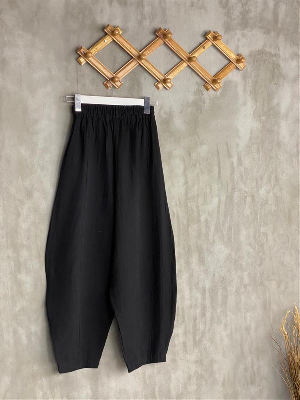 Müslin Kumaş Şalvar Pantolon Kimono Takım (Siyah)