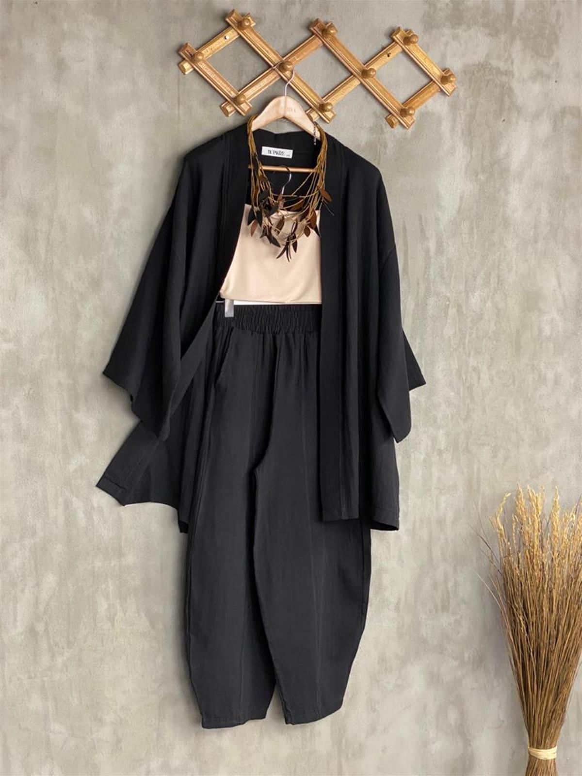 Müslin Kumaş Şalvar Pantolon Kimono Takım (Siyah)