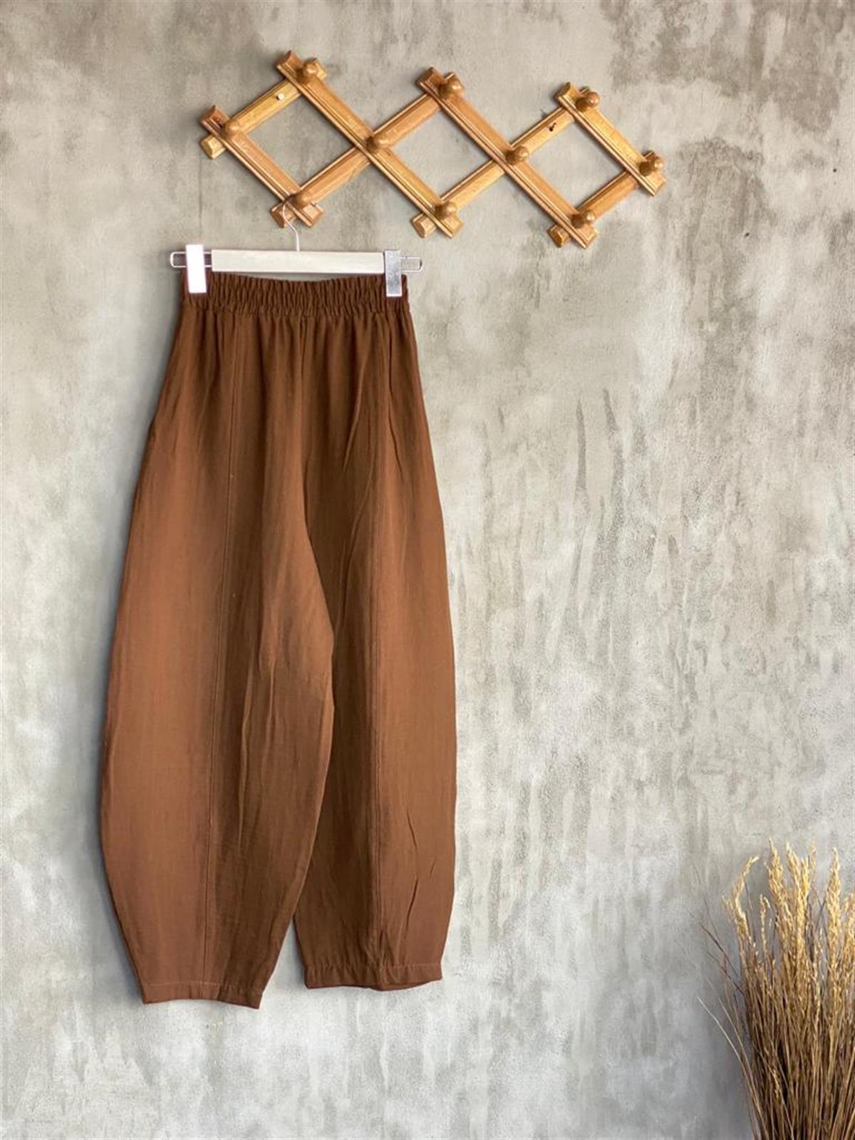 Müslin Kumaş Şalvar Pantolon Kimono Takım (Kahve)