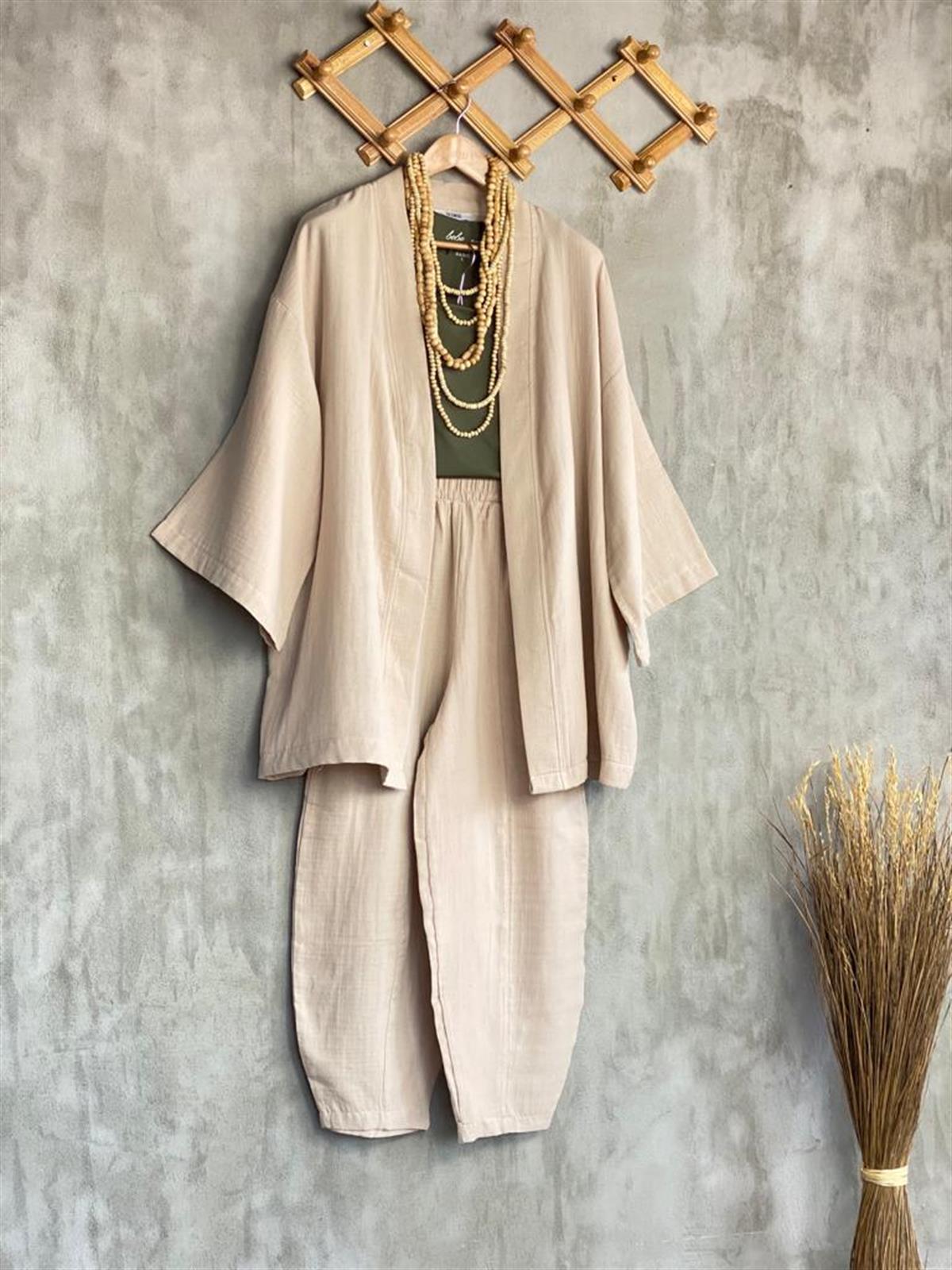 Müslin Kumaş Şalvar Pantolon Kimono Takım (Taş)