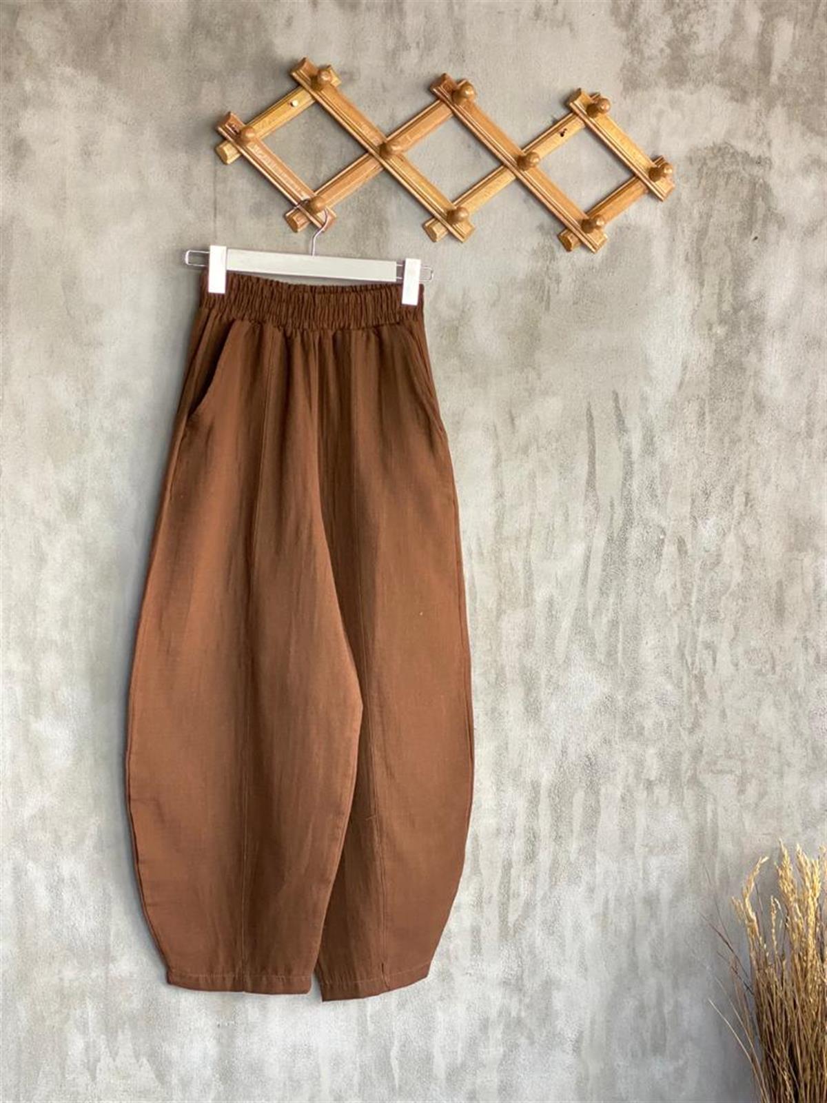 Müslin Kumaş Şalvar Pantolon Kimono Takım (Kahve)