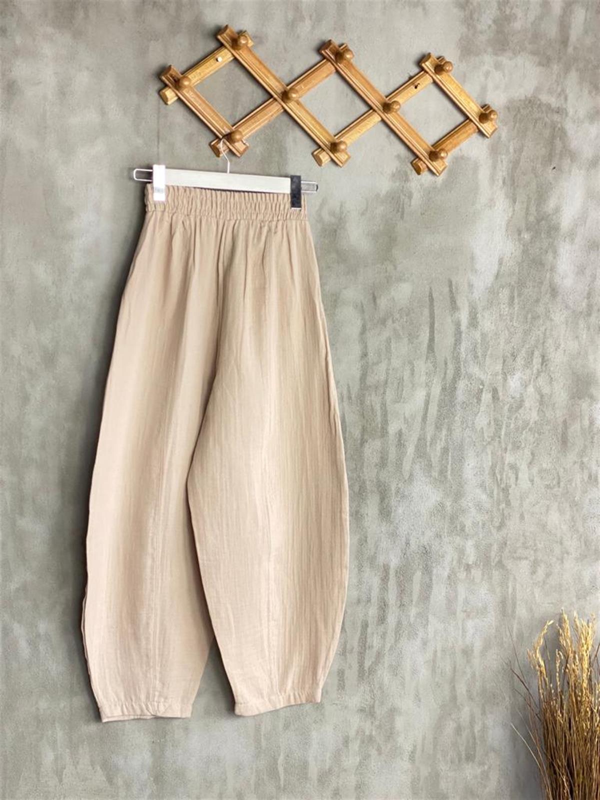 Müslin Kumaş Şalvar Pantolon Kimono Takım (Taş)