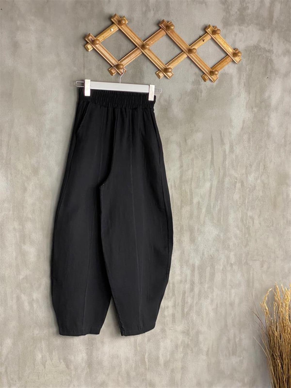 Müslin Kumaş Şalvar Pantolon Kimono Takım (Siyah)