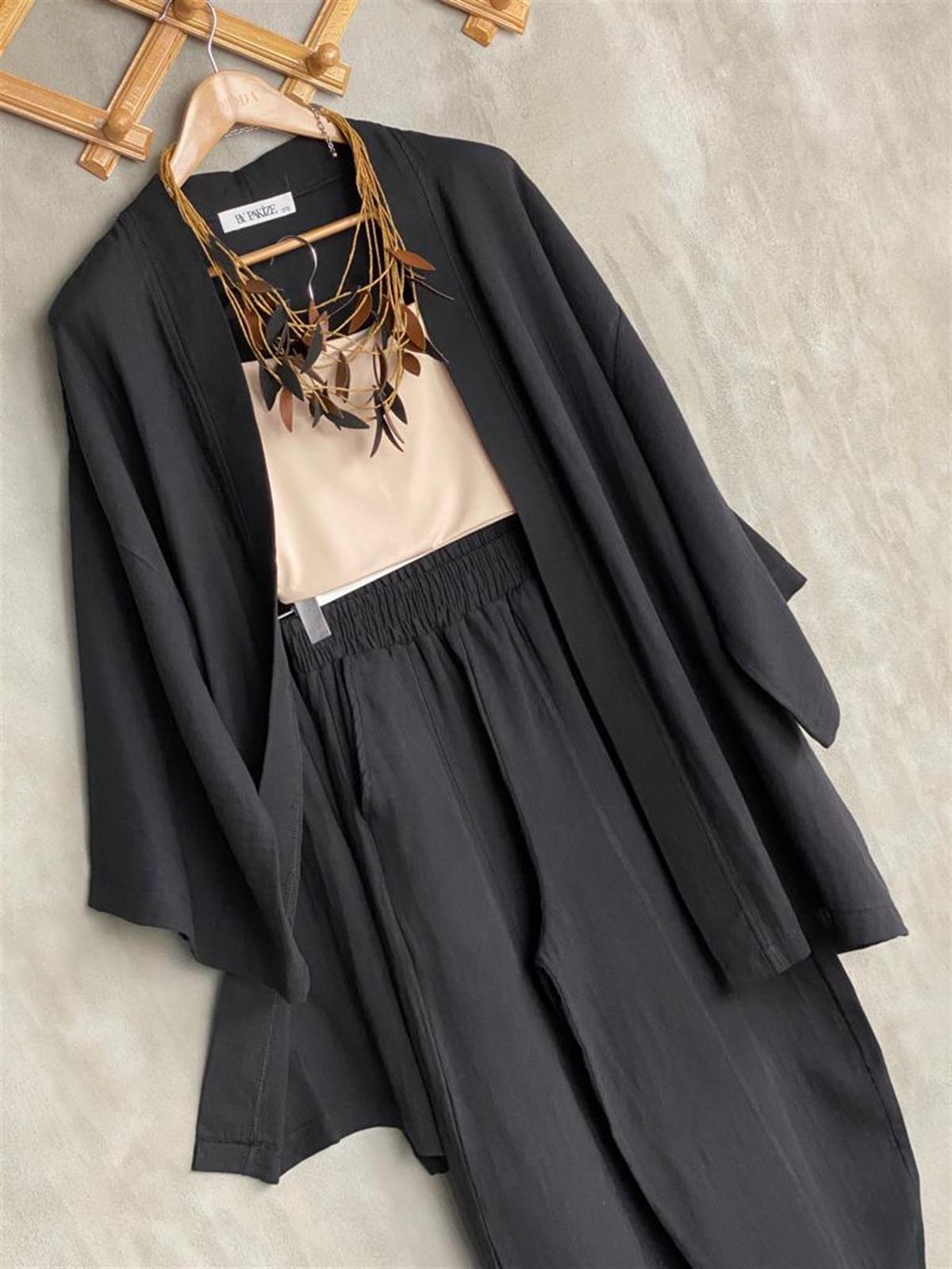 Müslin Kumaş Şalvar Pantolon Kimono Takım (Siyah)