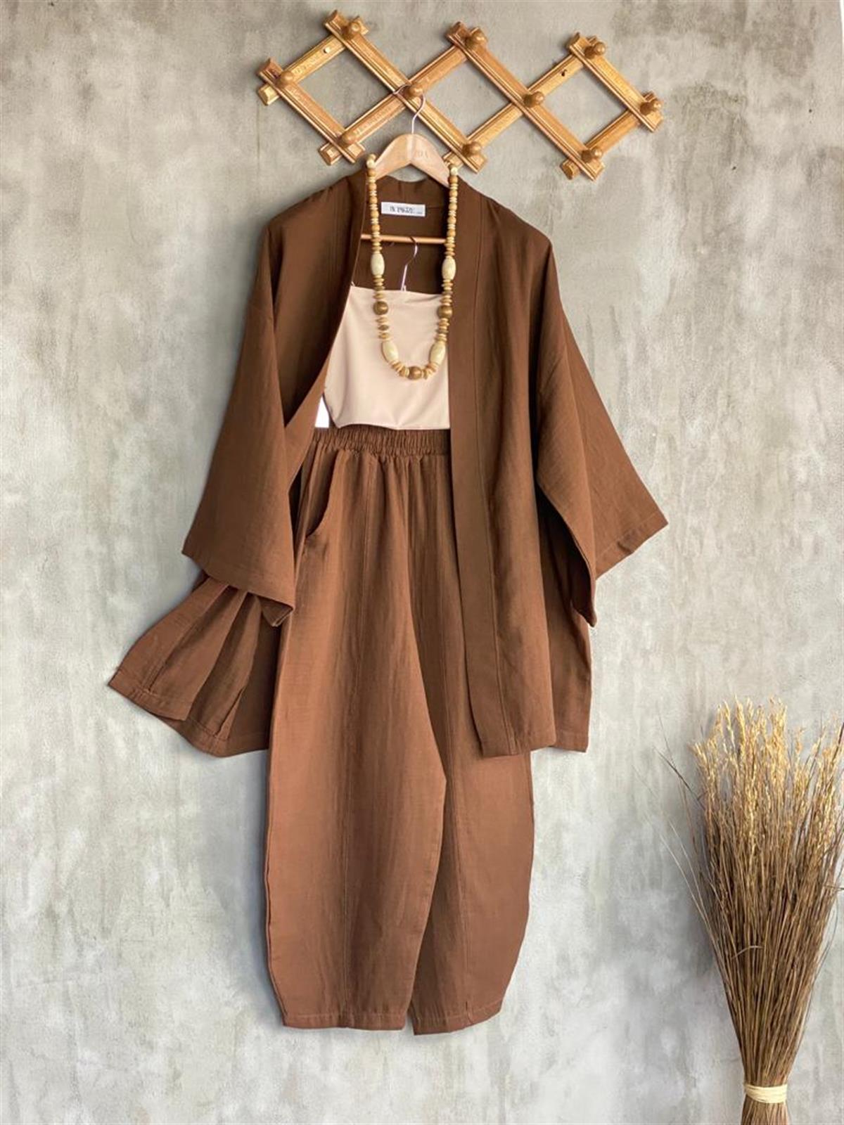 Müslin Kumaş Şalvar Pantolon Kimono Takım (Kahve)