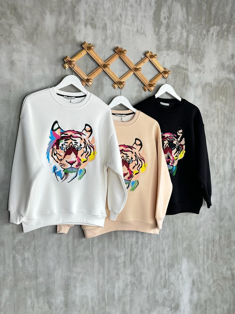 Nakışlı Kaplan işlemeli Kadın Sweat (Beyaz)