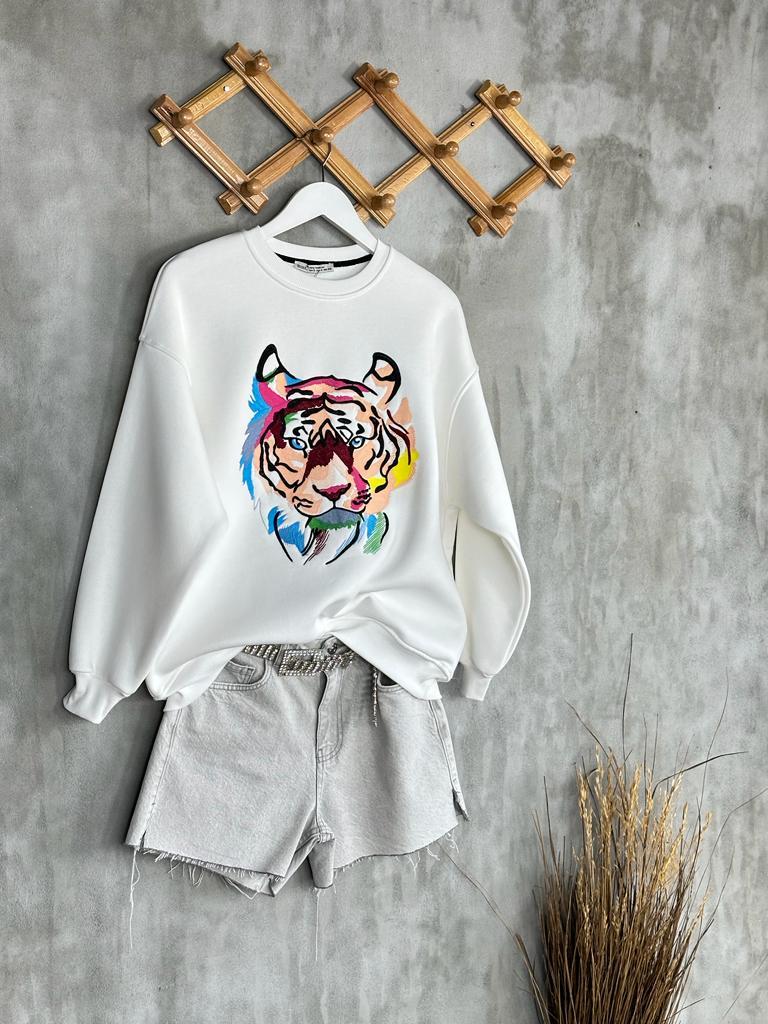 Nakışlı Kaplan işlemeli Kadın Sweat (Beyaz)