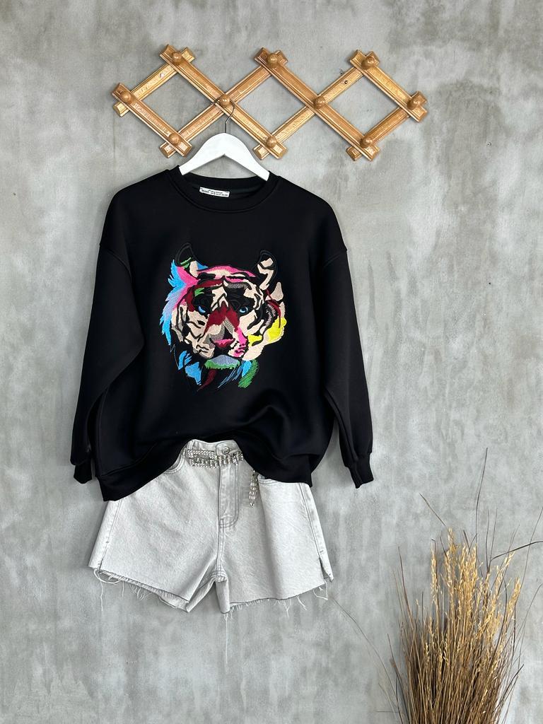 Nakışlı Kaplan işlemeli Kadın Sweat (Siyah)
