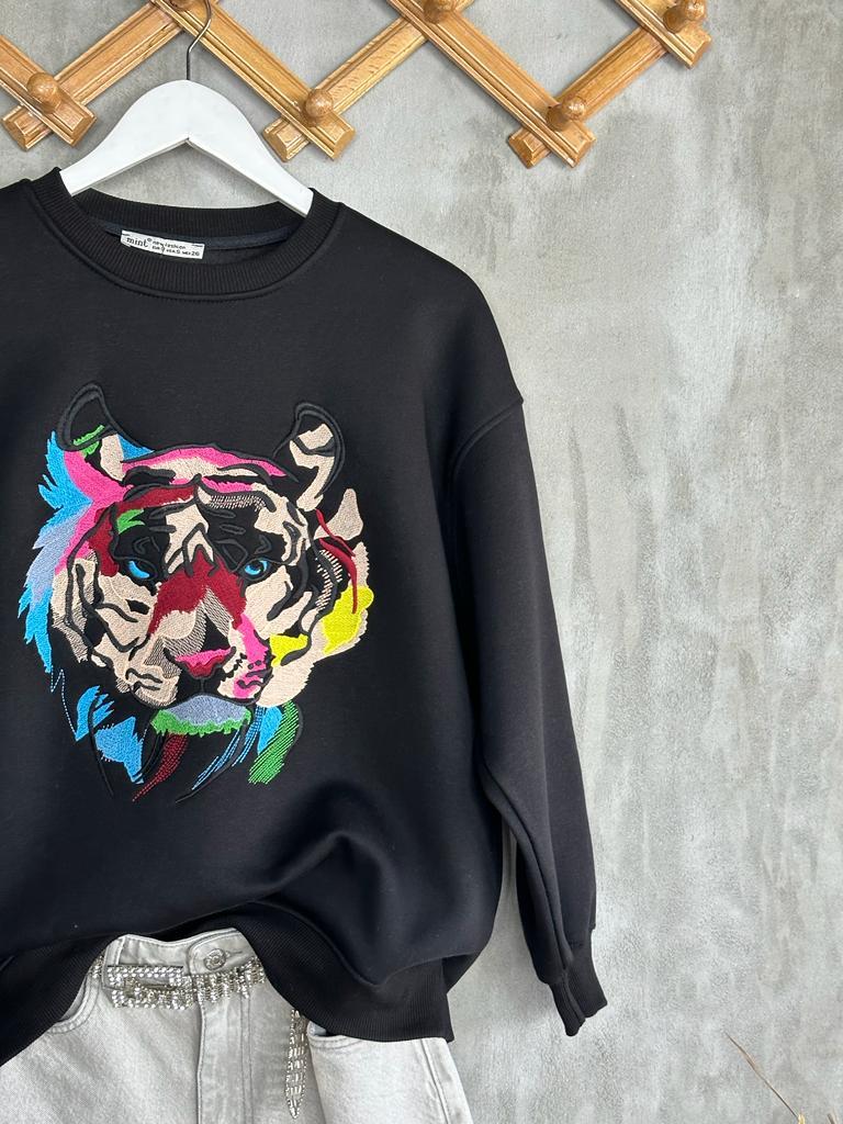 Nakışlı Kaplan işlemeli Kadın Sweat (Siyah)