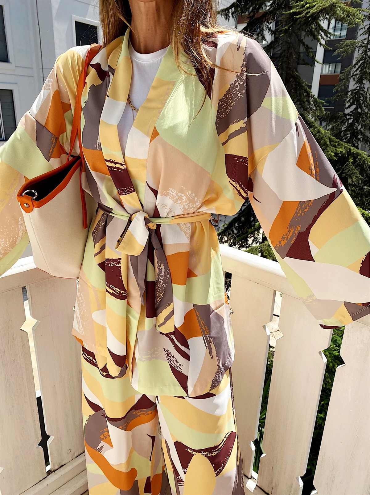 Natural Sarı Ve Gri Karışık Desen Tasarım Kuşaklı Kimono Weart Takım