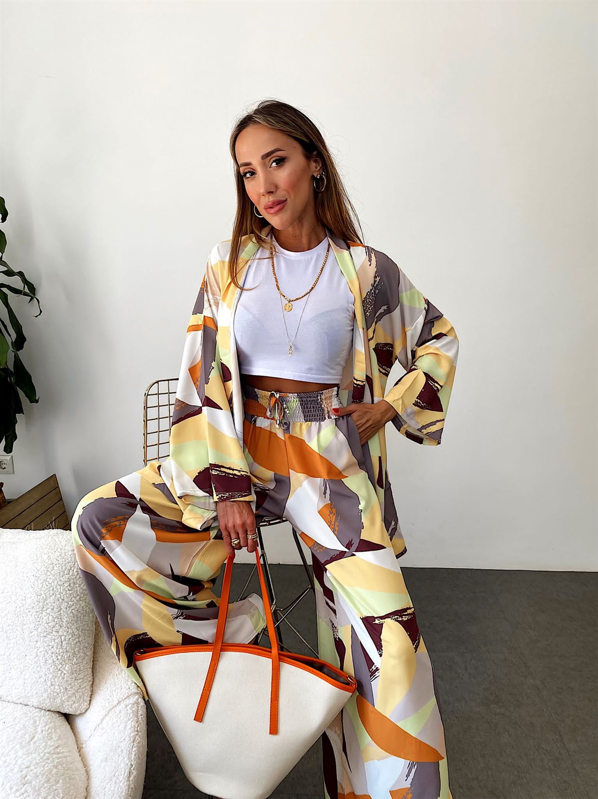 Natural Sarı Ve Gri Karışık Desen Tasarım Kuşaklı Kimono Weart Takım