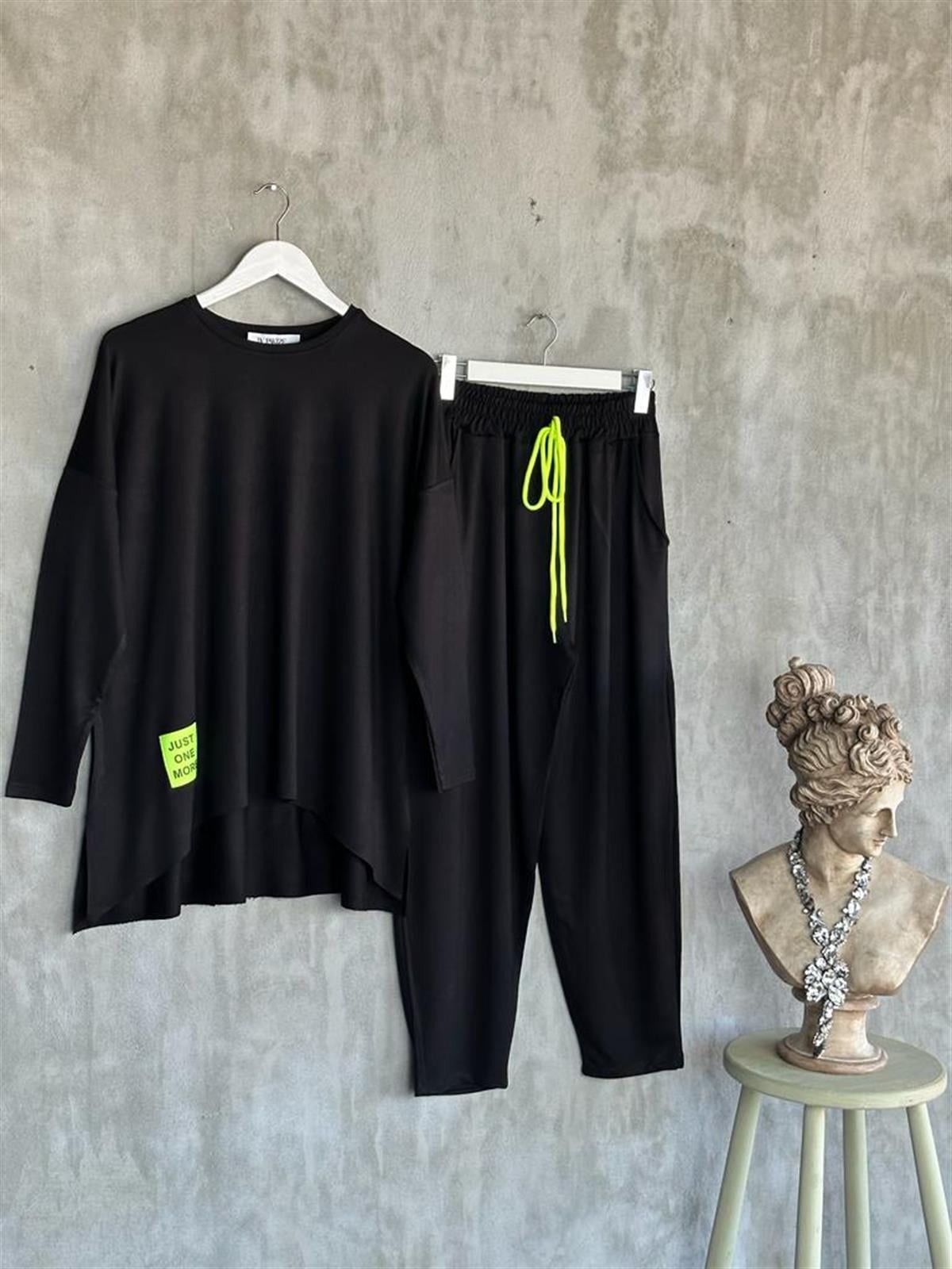 Neon Arma Detaylı Oversize Uzun Kollu Takım (Siyah)