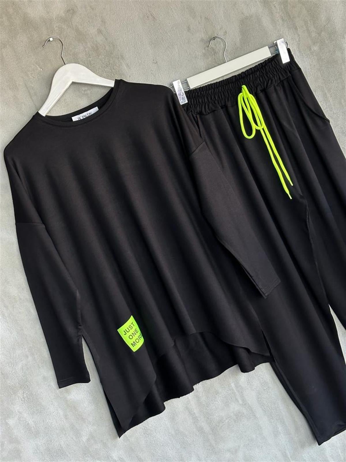 Neon Arma Detaylı Oversize Uzun Kollu Takım (Siyah)