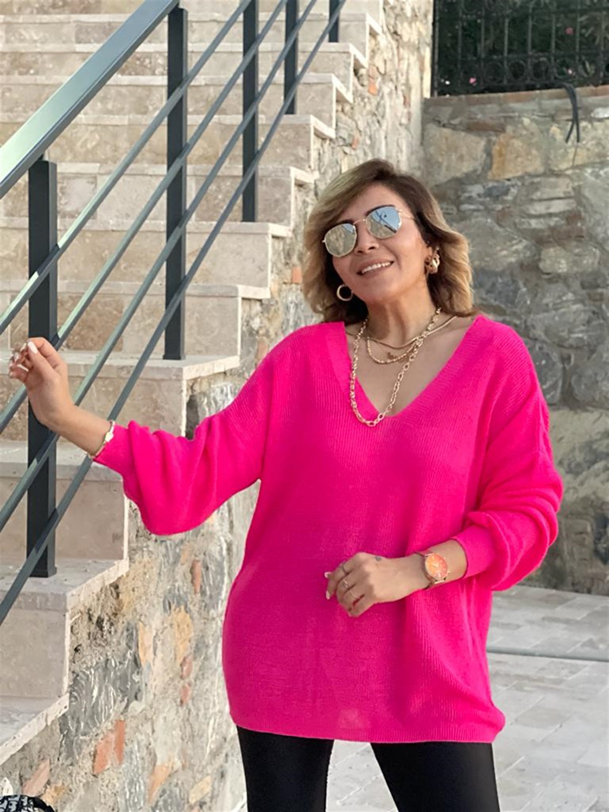 Ön Arka V Yaka Balon Kol Merserize Triko Örme Salaş Kazak (Fuşya)