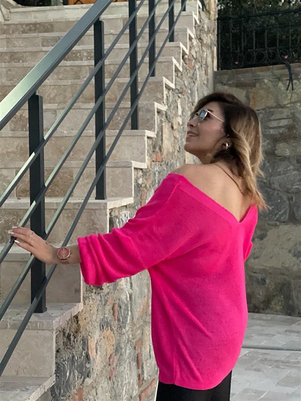 Ön Arka V Yaka Balon Kol Merserize Triko Örme Salaş Kazak (Fuşya)
