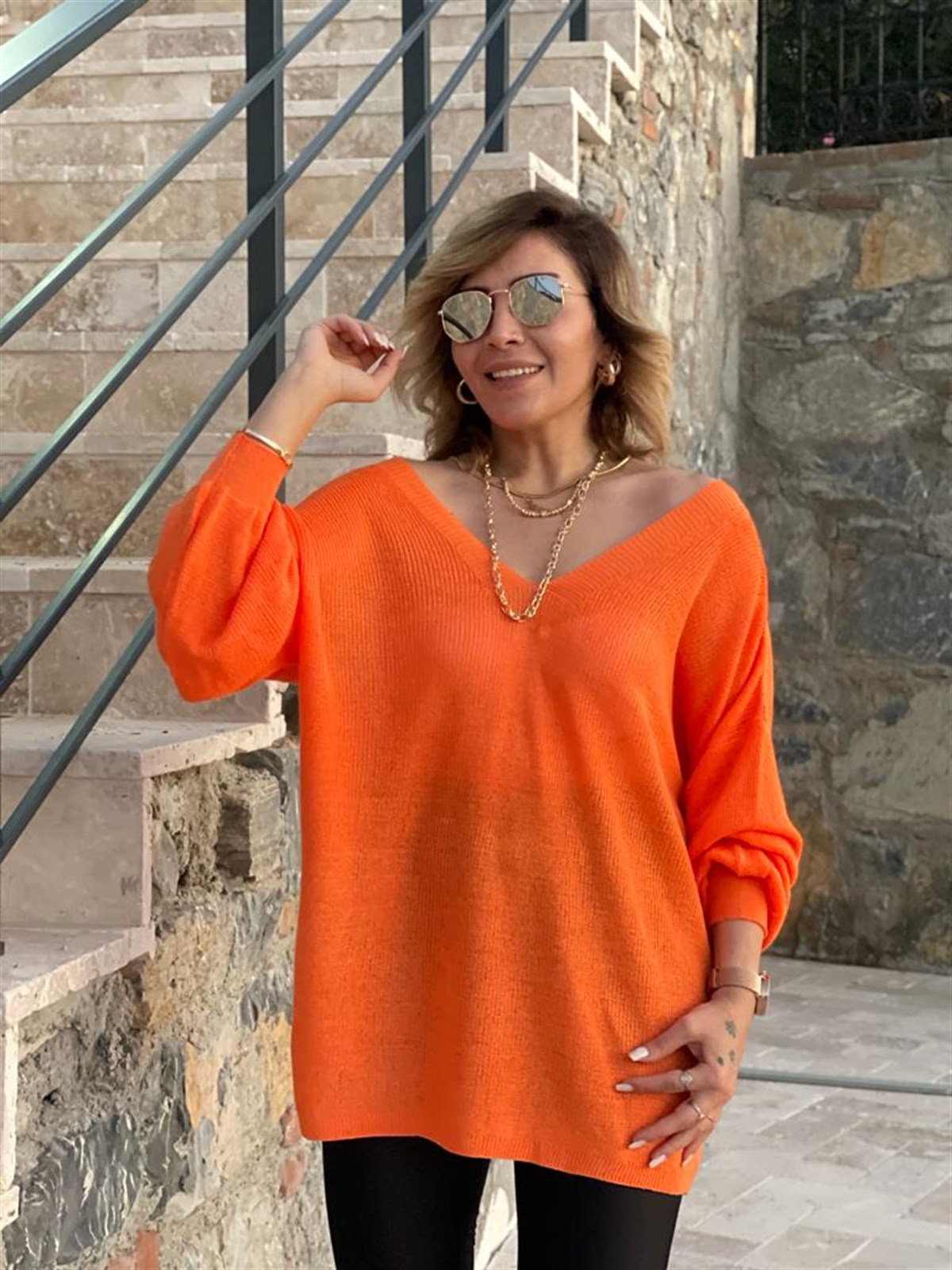 Ön Arka V Yaka Balon Kol Merserize Triko Örme Salaş Kazak (Oranj)