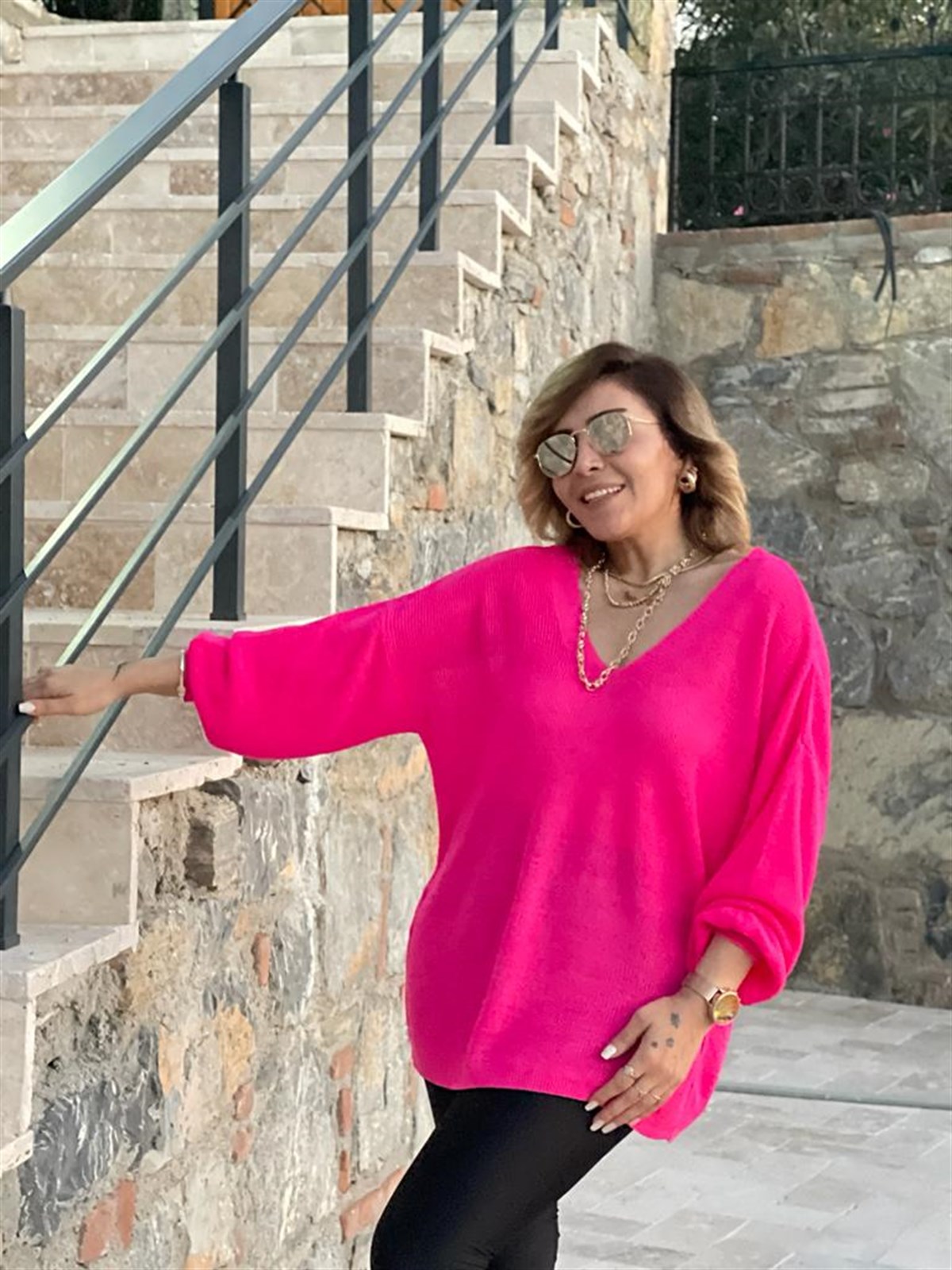 Ön Arka V Yaka Balon Kol Merserize Triko Örme Salaş Kazak (Fuşya)