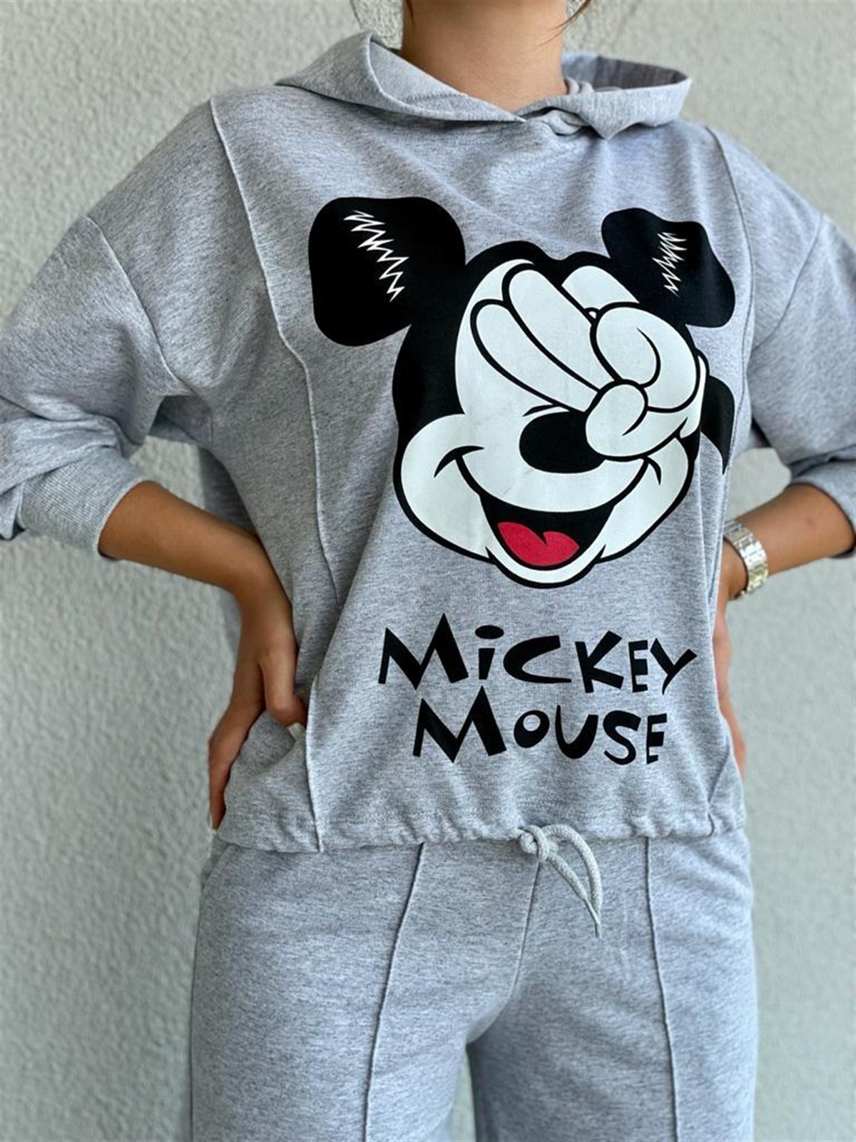 Önden Büzgü Detaylı Mickey Takım (Gri)