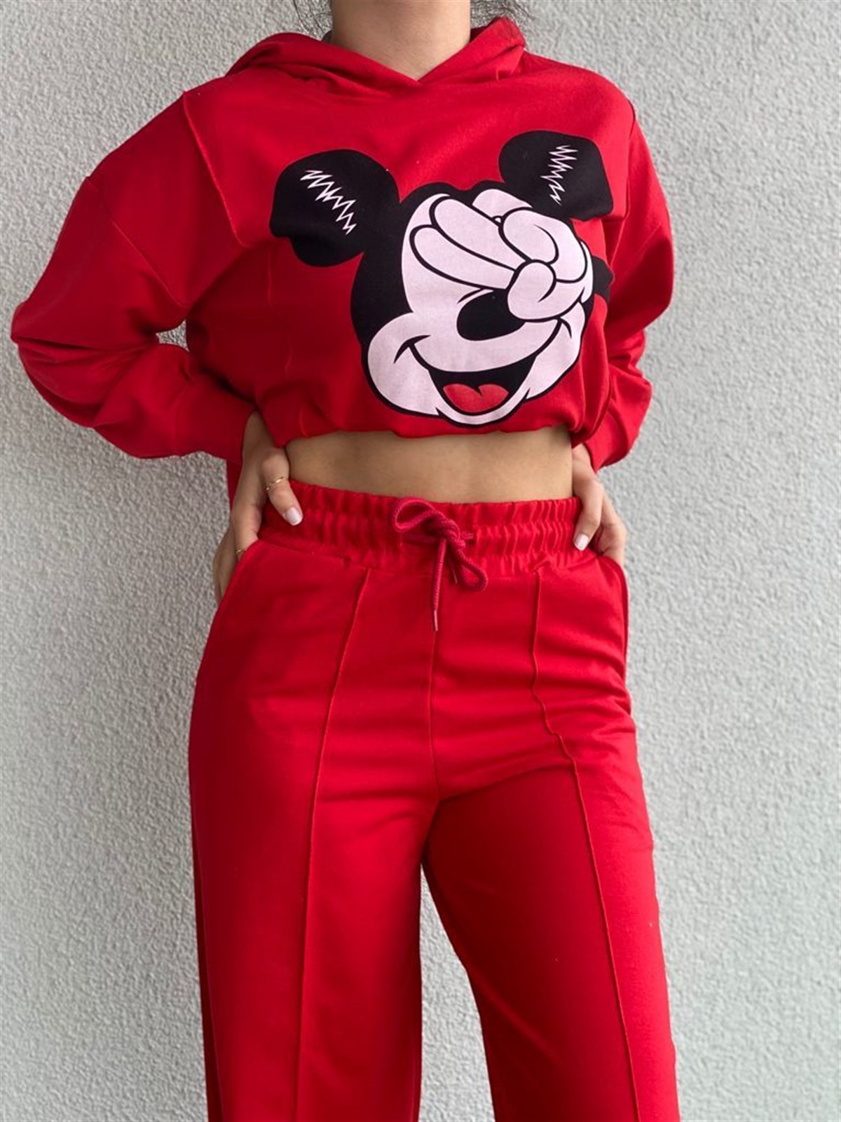 Önden Büzgü Detaylı Mickey Takım (Kırmızı)