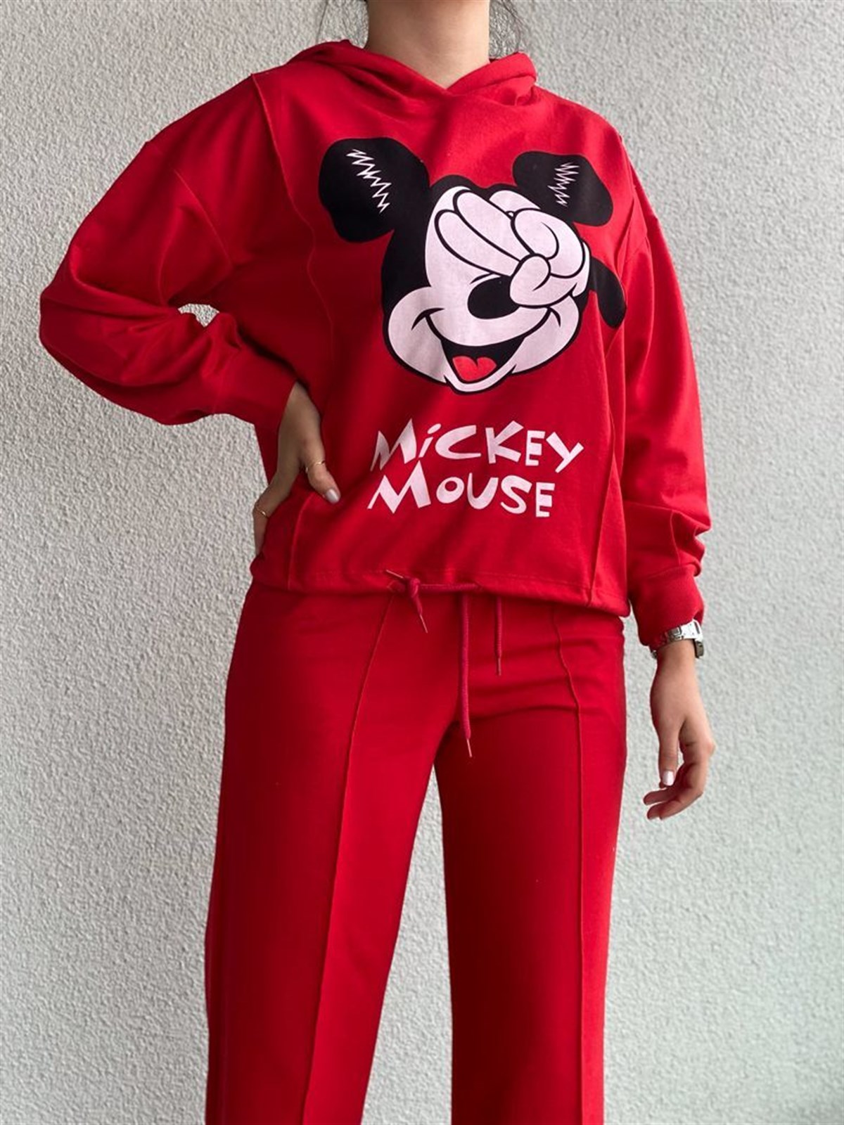 Önden Büzgü Detaylı Mickey Takım (Kırmızı)
