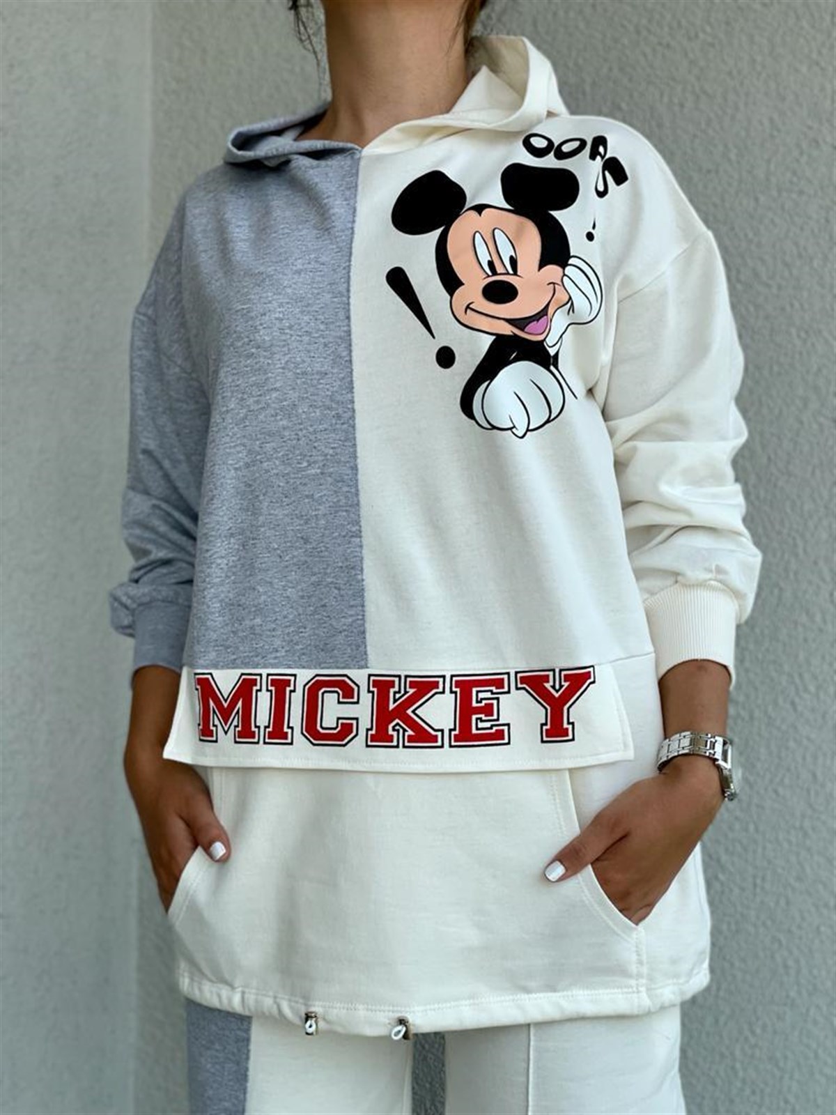 Önden Cepli Mickey Detaylı Takım (Gri)