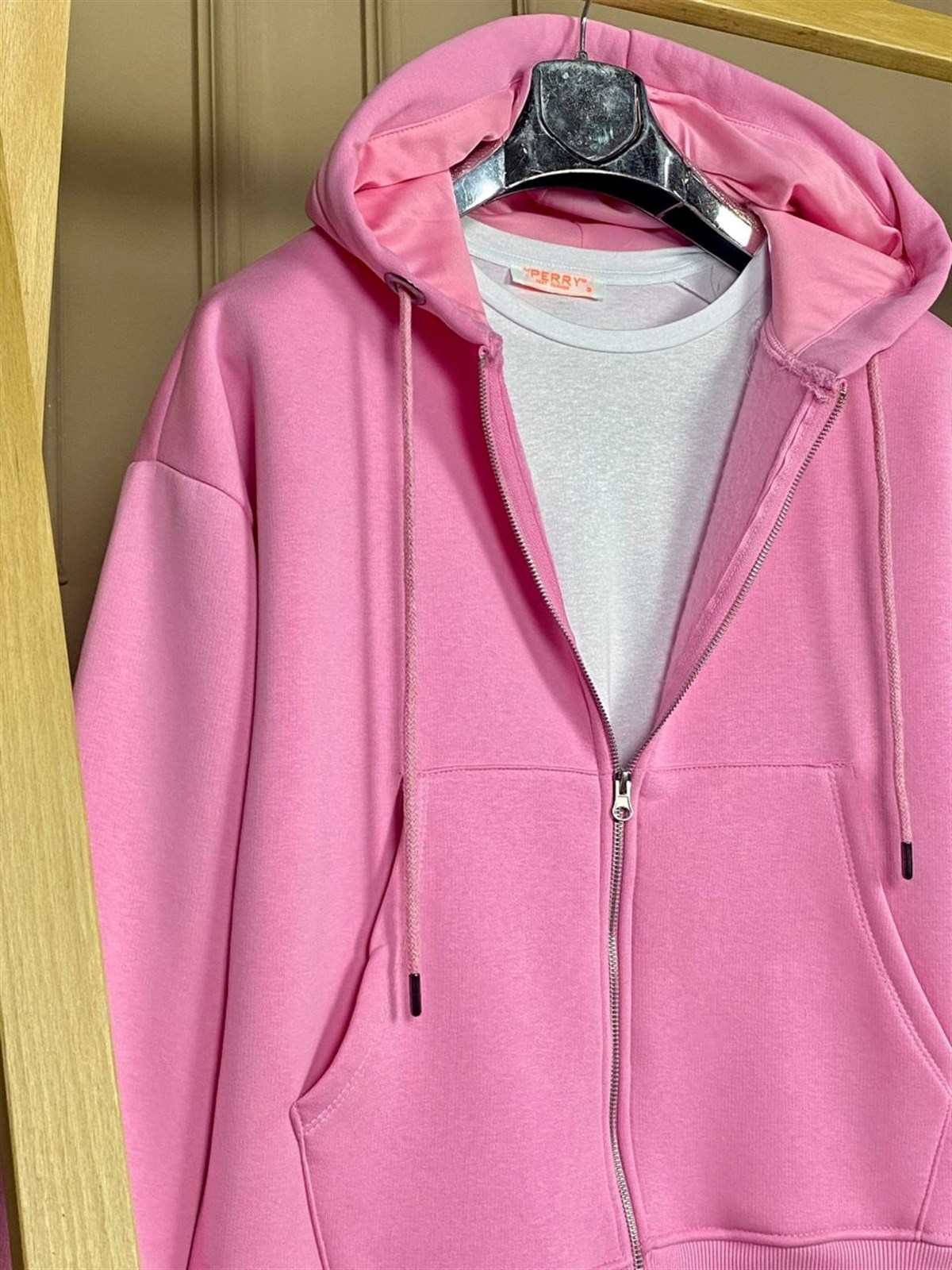 Önü Cepli Kapşonlu Sweat Hırka (Pembe)